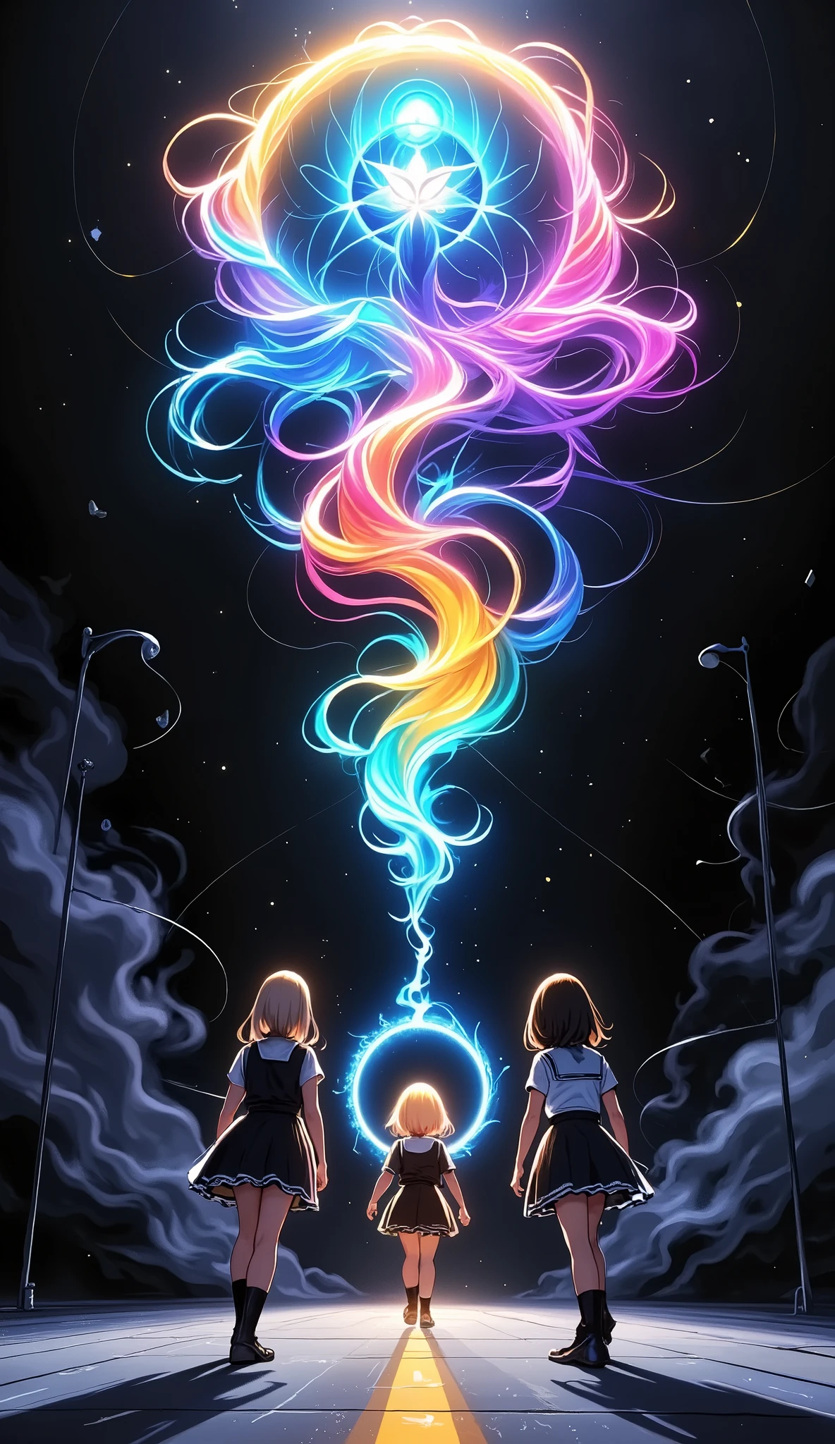 glowing door, glowing portal, JK, Back View of Girls Walking, Neon Light Road, Suspicious Gate That Exists Alone in a Space Where Smoke and Deep Darkness Spread, Guide of Light , enchanting sparkle, Tranquility, Silence, Serenity, (Best Quality, very detailed, CG illustration, masterpiece:1.2, Aesthetics at its best),