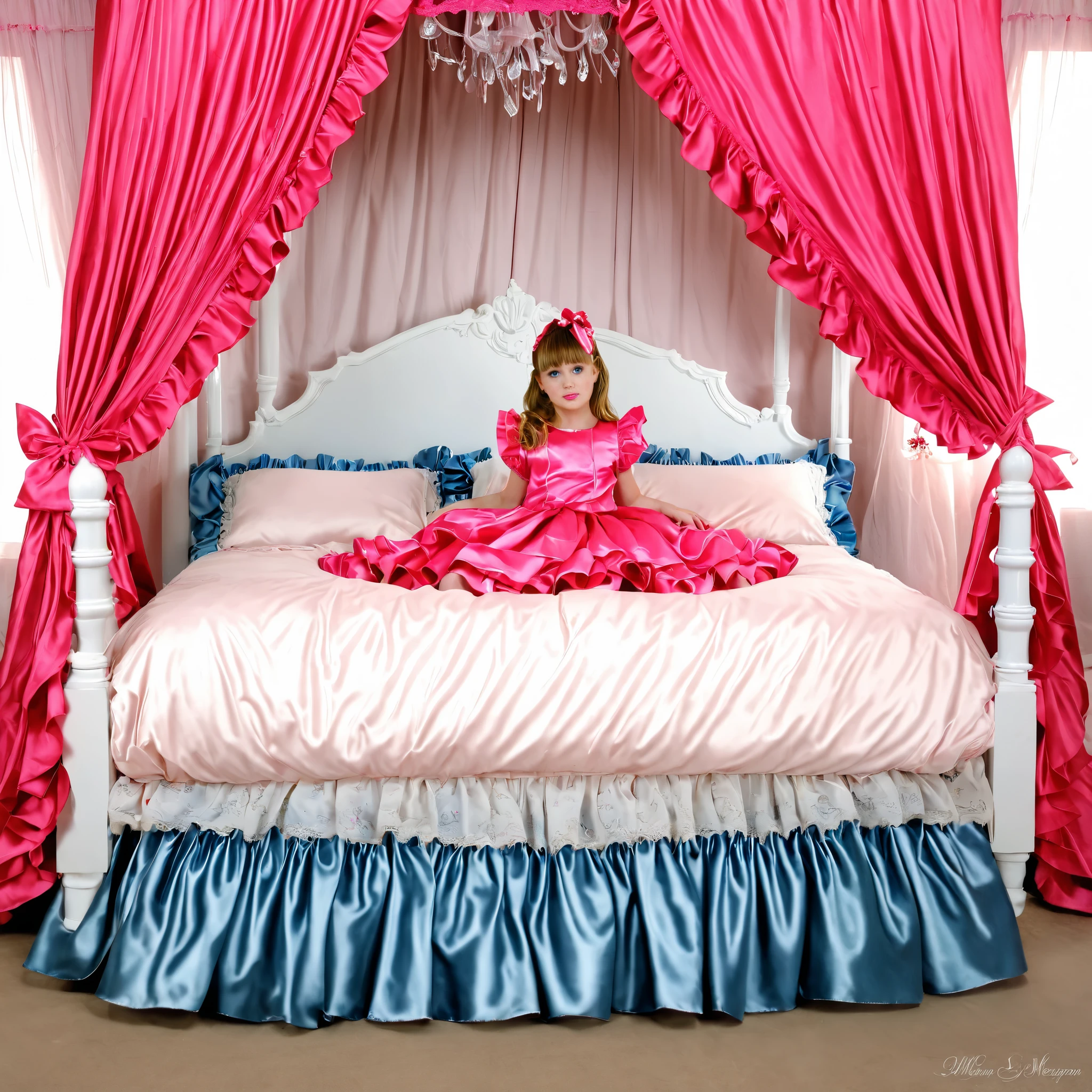 ((A cute girl on the big bed)),(()),short and tall,detailed baby face,smalpink silk led blouse and skirt,medium dress,detailed ribbons,detailed lace petticoat,frilled sleeves,long sleevs,a bed with a mountain of hot pink silk satin pillows,((hot pink canopy bed:1.1)),,king size bed,more big bed,lot of silk satin frilled pillows,more pillows, A plump qulited silk satin soft devet,devet decorated ribbons, ruffles lace silk.retro white pipe bed frame, realistic, blue eyes, rolled long blond hear,