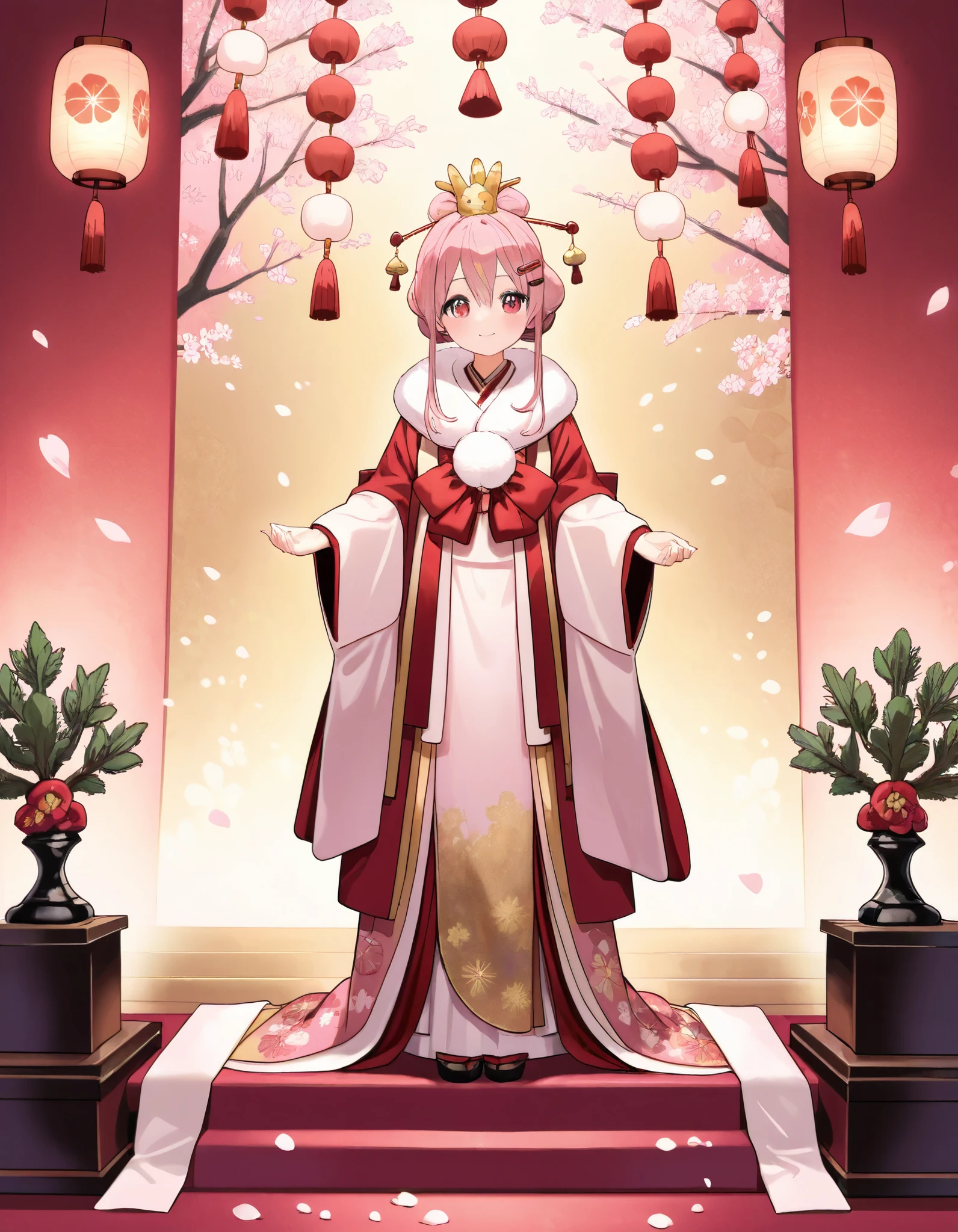 young girl dressed in a traditional Japanese hina doll cosplay, celebrating Hinamatsuri on March 3rd. She wears a beautiful multi-layered kimono in pastel pink and red with intricate golden patterns, resembling an elegant Empress. Her hair is styled in a classic Japanese updo, adorned with delicate floral hairpins and a golden crown. She holds a small folding fan in her hands, standing gracefully in front of a Hinamatsuri display with tiered platforms of ornamental dolls. The background features soft paper lanterns and cherry blossom petals floating in the air, creating a warm and festive atmosphere. The scene is illuminated by gentle candlelight, emphasizing a dreamy and traditional Japanese aesthetic