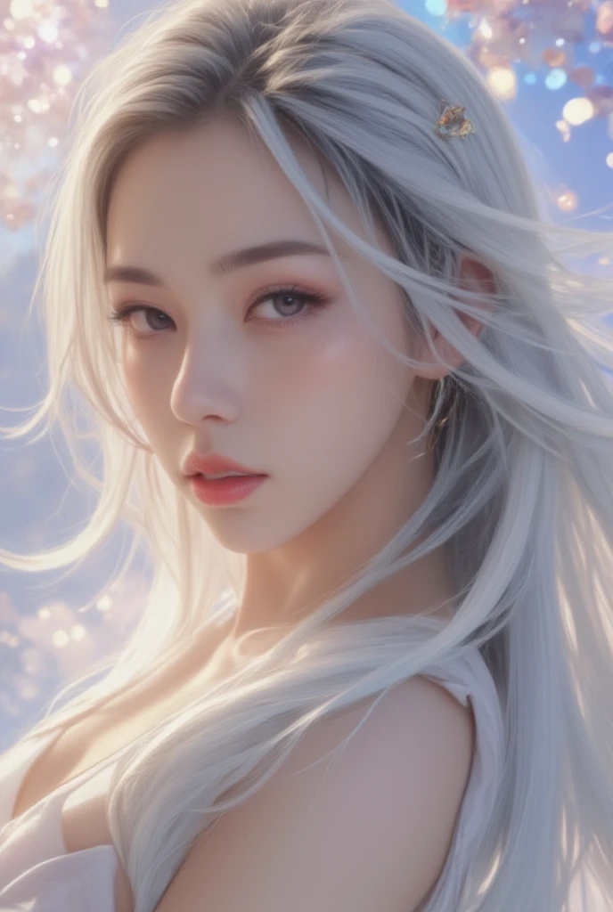 ((Full body image))((Representative works:1.5、8K、Portrait、Photo-realistic and very detailed CG、Very detailed、Particle Effects、Dynamic Effects、Written boundary depth、Cinematic Light、Lens flare、Ray Tracing、Tabletop、Realistic:1.4、Super A high resolution:1.2、Realistic、Realistic))((alone、,Woman in turtleneck dress:1.4、Model-like pose:、Side bust、Ample breasts、Detailed face、Bright expression、Young、Bright、White skin、Great looks、Ultimate beauty、shiny white hair:1.8、Bright shiny hair、Super long、Silky straight hair、Hair swaying in the wind))(Transparent flowers々Surrounded by、White background、The background is wonderful、Thin petals flutter down)