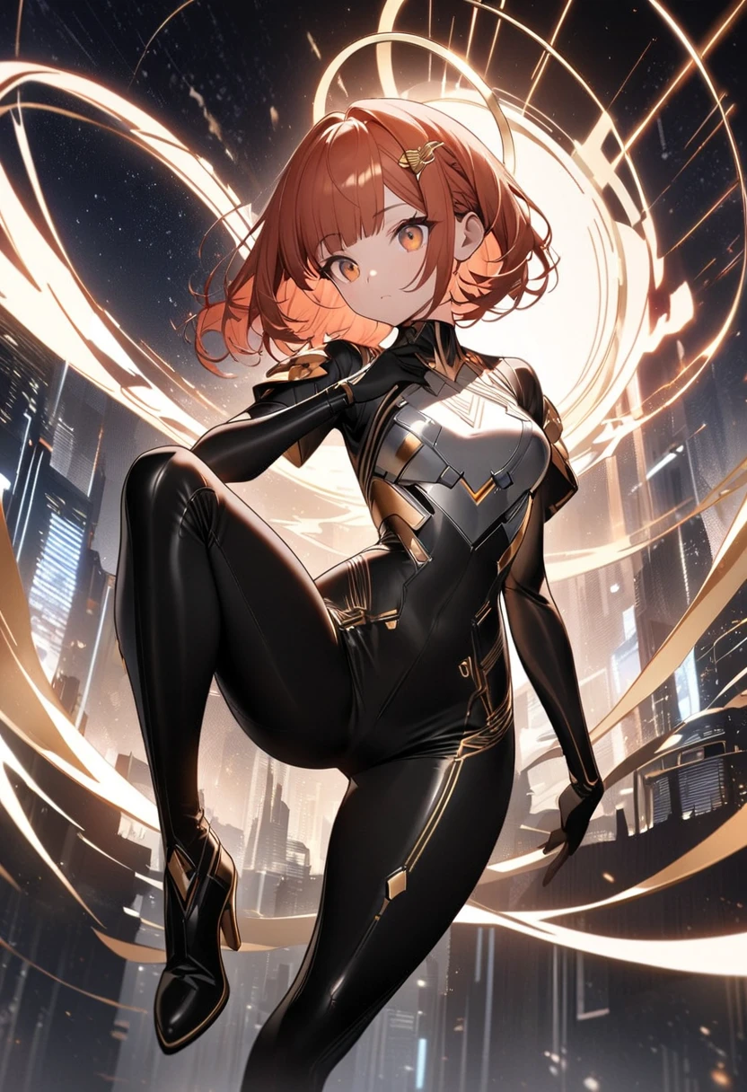 girl in cyberpunk costume、1 person、orange brown hair、yellow eyes、short hair、luster、glosischievous smile、lively look、beautiful、Honey Core、Hozuki scattered background、bold pose、action