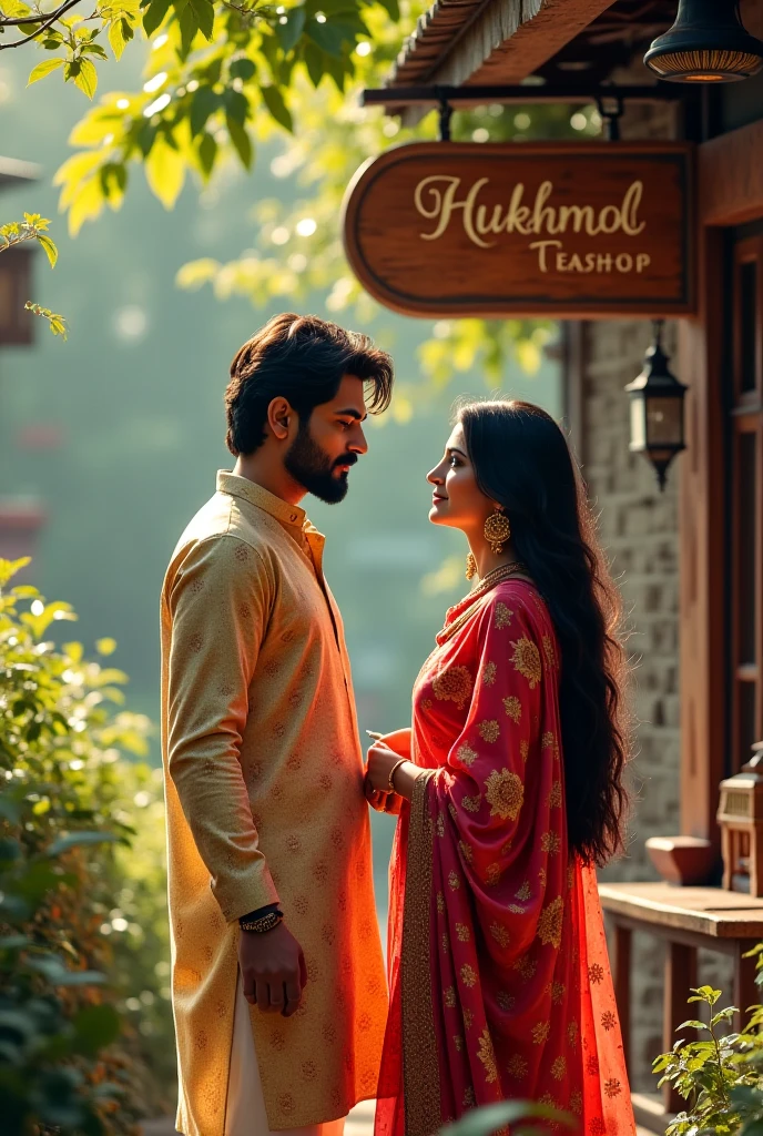 (photorealism:1.2), beautiful woman, sitting with his boyfriend on garden, wearing desi dress , drink coffee on the table, a beautiful flowers in the garden on background, Sikandar & Zoya name written in frame on background