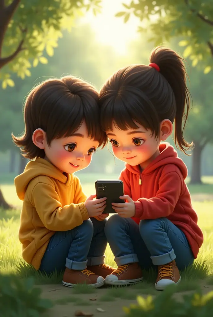 Boy and girl chatting with each other at mobile.