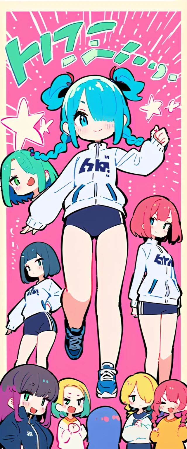 (superflat, flat shading, flat colors:1.1),(magazine cover), (multiple girls), illustrations, li, petite, white crop top, children's print panties, smile, overknee socks, volumetric lighting, soft light, bright, neon, vibrant colors