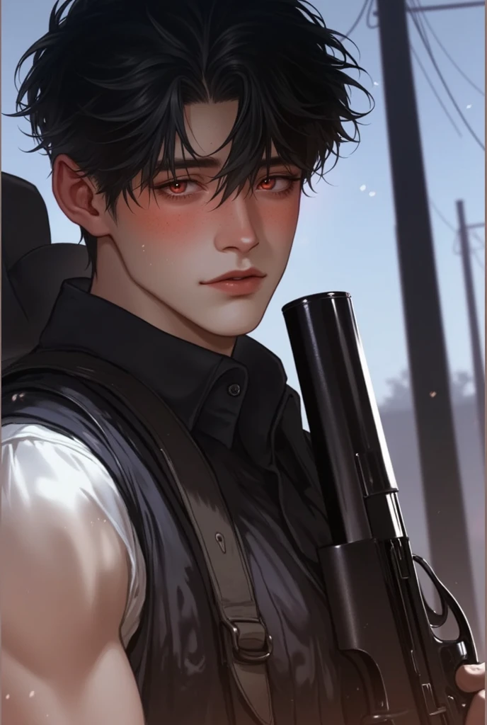 Masterpiece, Best quality, Realistic, 1人, Mature male, Quiet and charming young man, 25 years old, closing her eyes, Just woke up, Extremely detailed face, ((dark gray eyes)), ((Right sweep dark brown short hair)), [Thick eyebrows], Detective, International city, White color blouse,Black police uniform， Black helmet，Cinematic lighting, holding a gun in her hand, Postural dynamics,eyes looking at viewer，On the main road