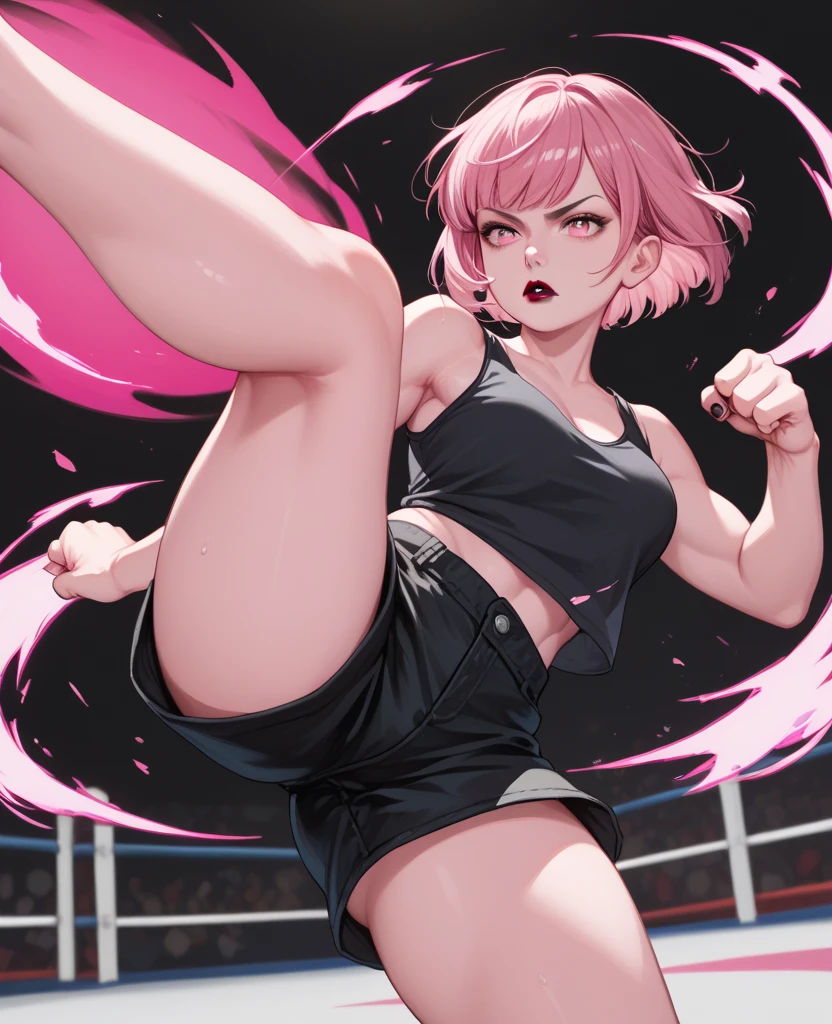 martial artist, enduring a barrage of punches from her opponent in a match.bikini
