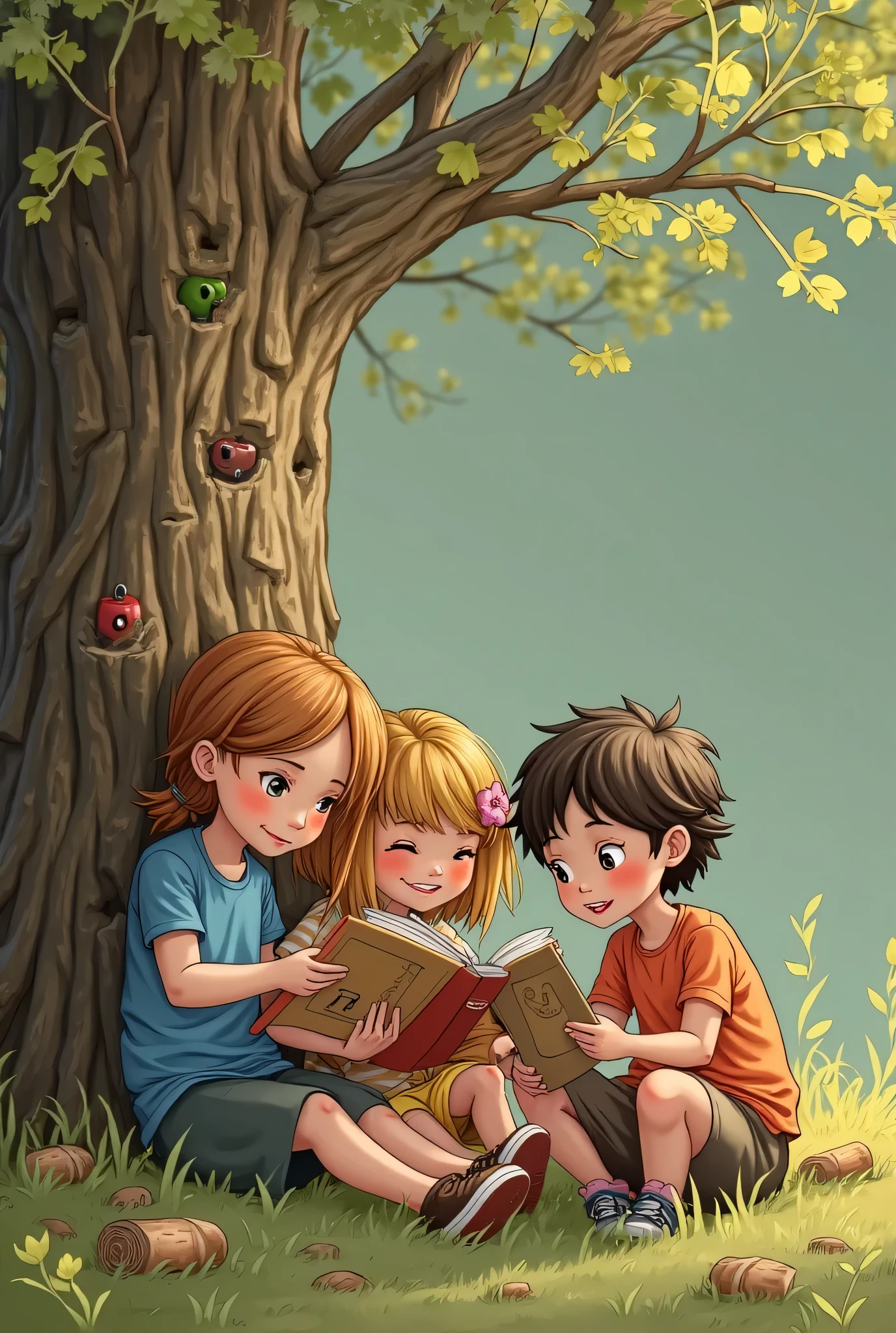 there are two children sitting on the grass reading a book, childrens art in artstation, wlop and andrei riabovitchev, wlop and sakimichan, adorable digital painting, loish and wlop, wlop and ross thran, tuomas korpi and wlop, wlop and ross tran, storybook art, fantasy book illustration