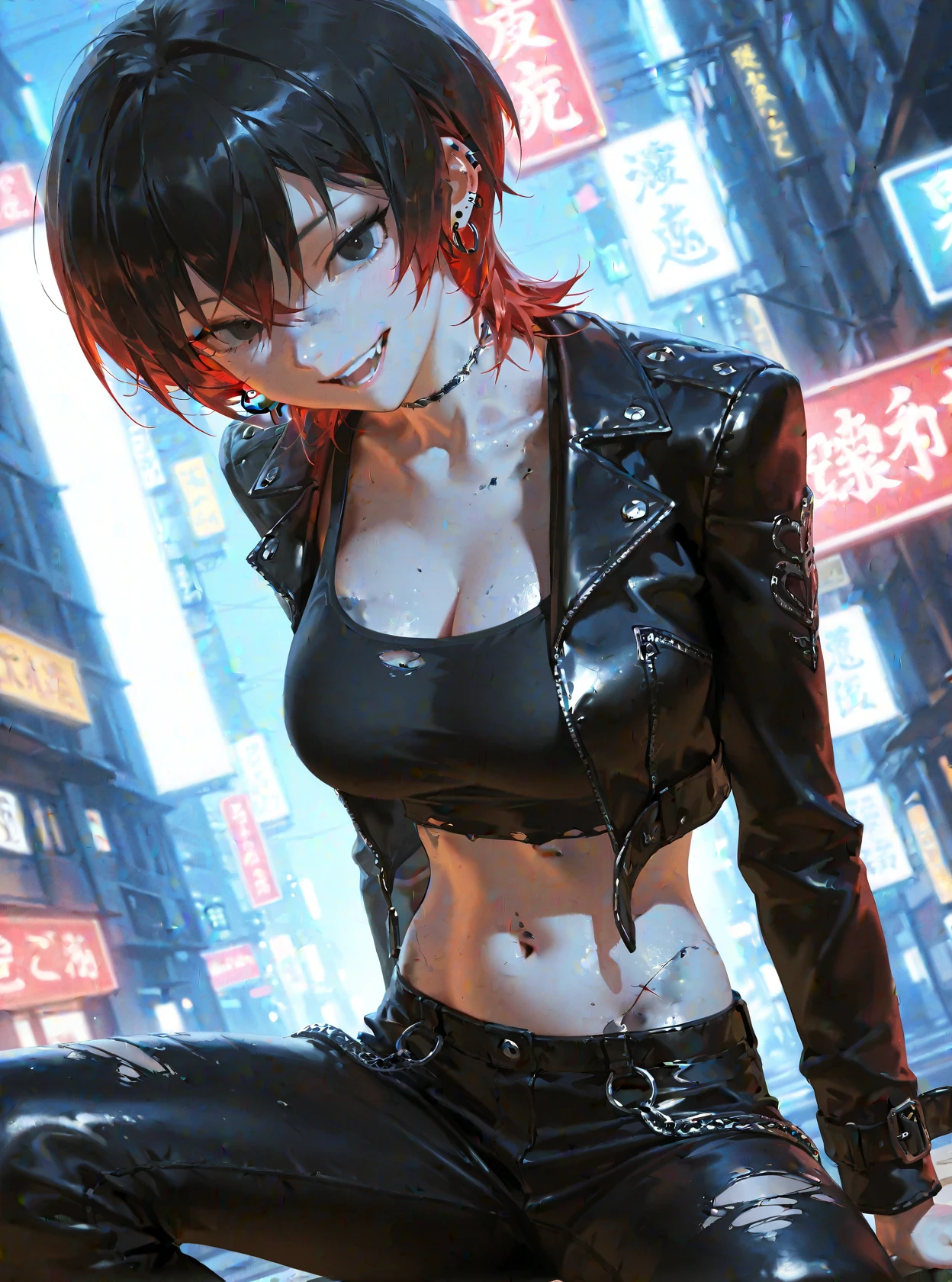 young woman, red tattoos, bald, shaved hair, red eyes, black outfits, black goth jacket, 4k