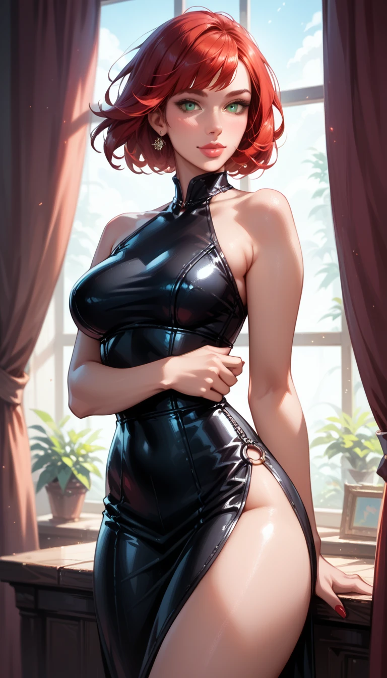 a girl with in a tight very torn dress
