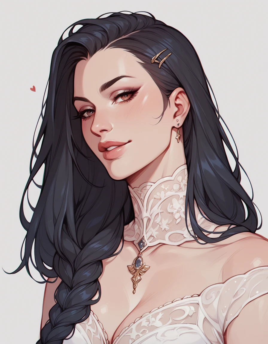 an woman with the bearing of a madame in a velvet dress , with black eyes ,Gothic,big breasts , earrings ,close up sharp jawline