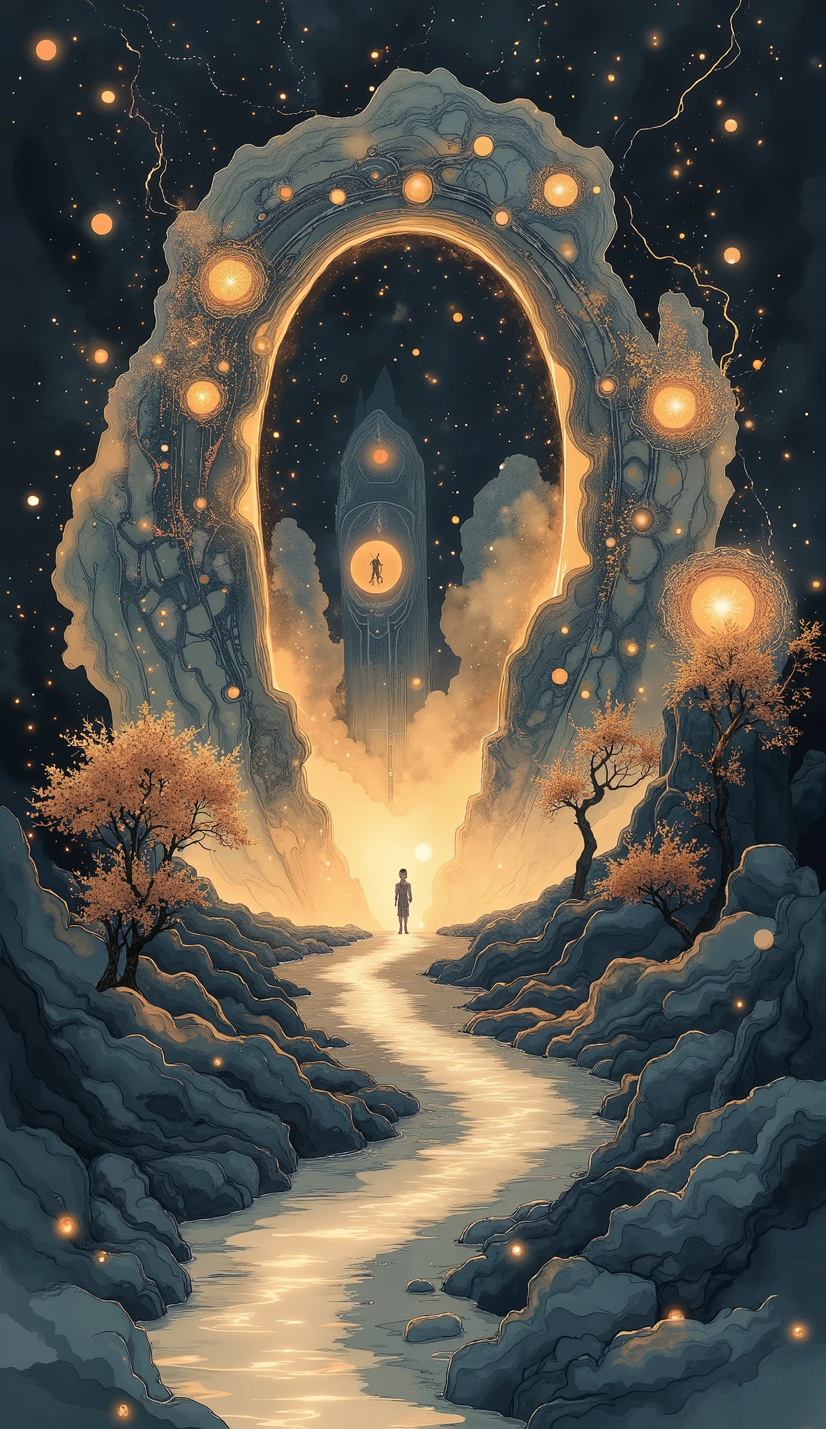 Transparent Ink Painting-Style Portals,Dark Background, Soft Light ,Glittering Gold Foils,Mysterious Atmosphere,Delicate brushwork,Hi-Res, 4K quality ,realistic texture,Precise Details ,Professional,Dramatic Bokeh Effects,Vivid Colors,Deep color
