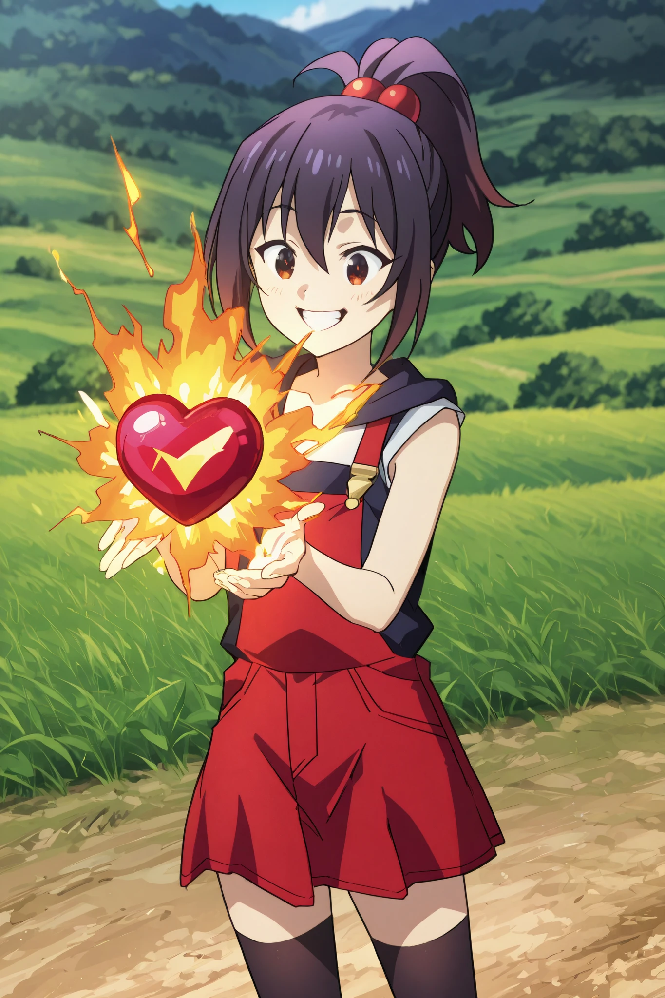 1girl, megumin, konosuba, he's holding a heart-shaped bomb with a burning fuse , grins