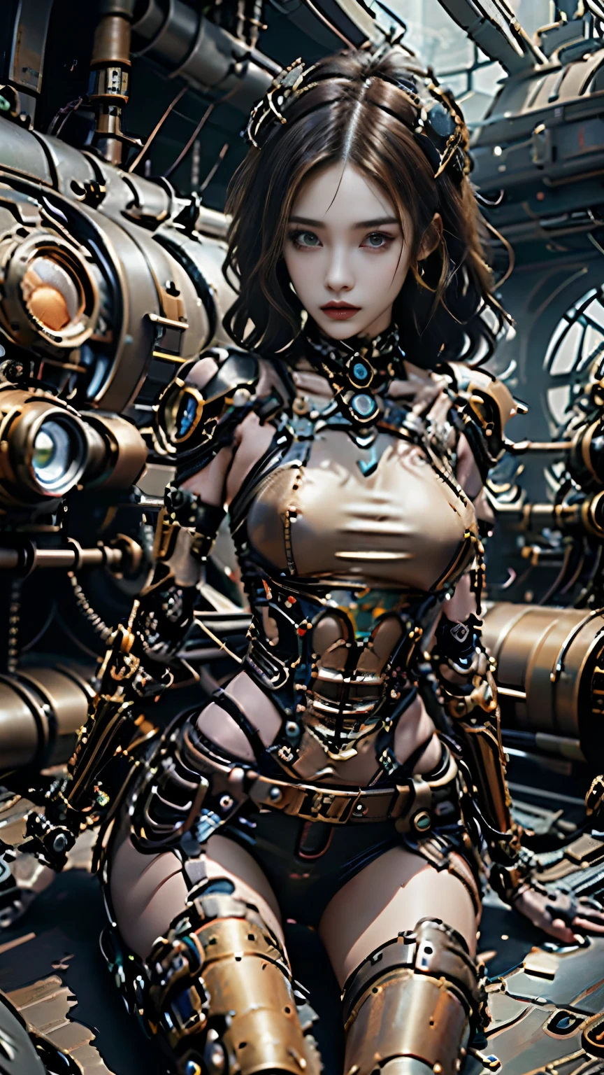 A stunning female steampunk warrior with a cyber-enhanced arm, wearing intricate leather and metal armor with brass and copper details. She has wild, wavy auburn hair tied in a high ponytail, with steampunk goggles resting on her forehead. Her piercing eyes and determined expression exude confidence. The environment is a post-apocalyptic, industrial ruin with a warm, dusty atmosphere. The lighting is dramatic, highlighting the intricate mechanics of her gear. She is crouched on one knee, gripping a mechanical glove, looking prepared for action. The artwork is hyper-detailed with realistic textures, cinematic lighting, and a slight cyberpunk touch