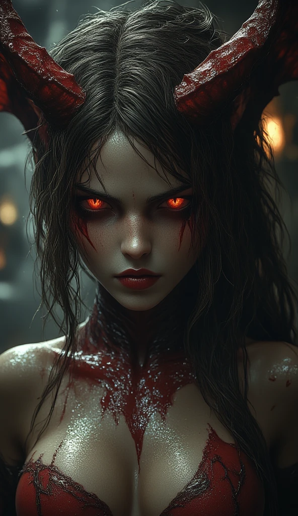 a terrifying mental image of a female figure of pure evil, immersed in a hideous and hellish environment, appearance like a demon with sinister eyes that evoke instant terror, evil beast, fiend, demon, dark attire that exude an evil aura, environment around as a hellscape, distorted shadows, agonizing, obscure, terrifying nightmare, horror, evil female figure in a obscure place coming from hell, demonic presence, highest quality, 4k, sharp focus, depth of field, lens 1.8, 25 mm, masterpiece