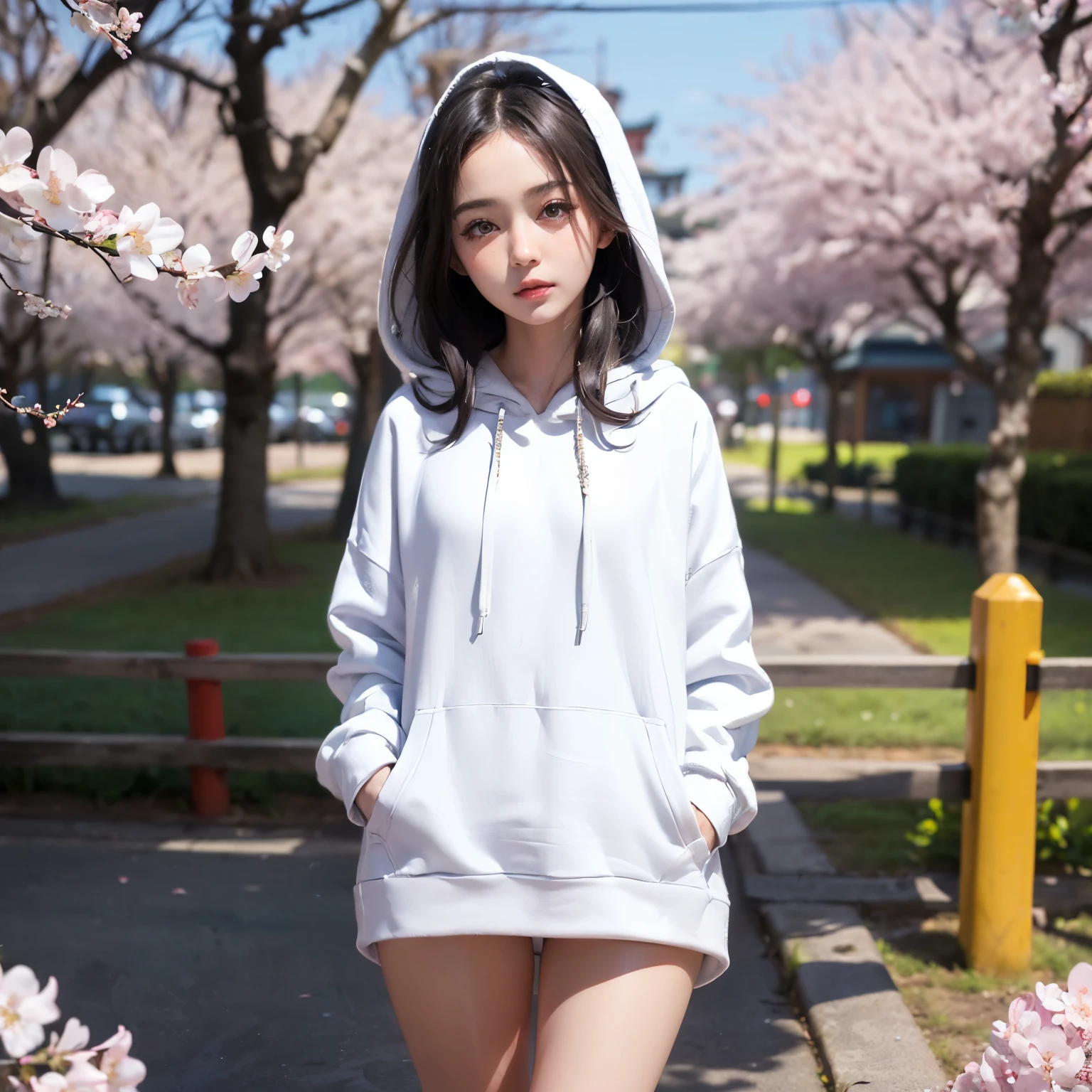 ((best quality, 8k, masterpiece)), ultra-detailed, sharp focus, 1 cute girl, (pleated skirt), ((white panties:1.2)), (sitting on the ground), (pink hoodie), highly detailed face and skin texture, ((detailed eyes)), ((beautiful eyes:1.2))