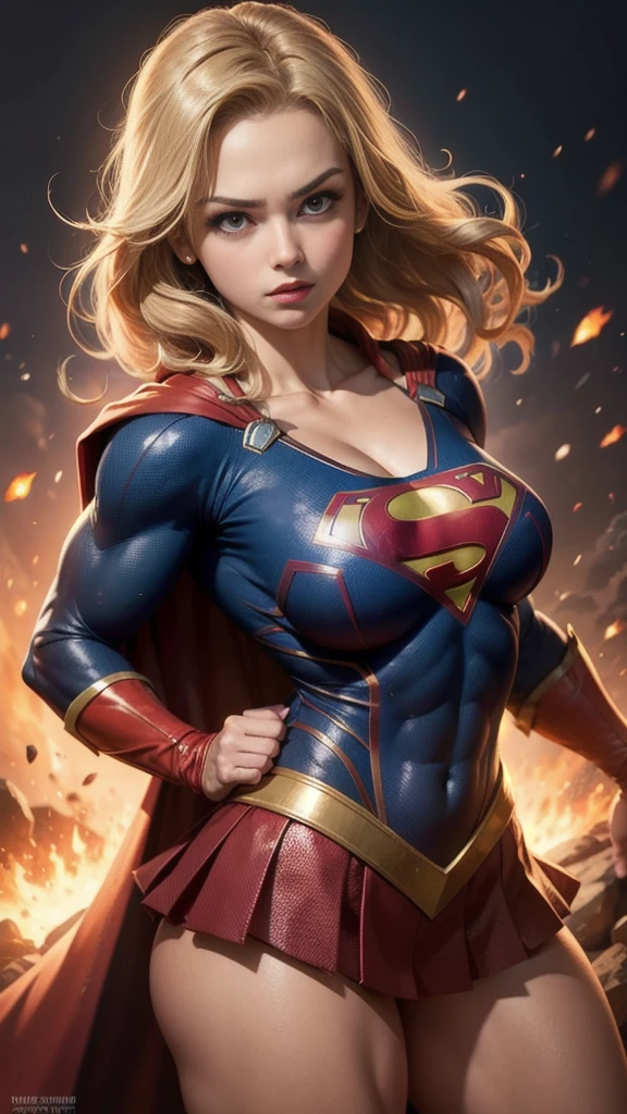 ((whole body view)), (SUPERGIRL is in outer space), (Lifting a large asteroid with your hands), (Complete DC Comics Superheroine), fora, highlights your muscles and scars. The scenery is lush and mysterious, com galaxias ao seu redor. The camera details everything. ((ela tem cabelo loiro, ela tem cabelo comprido)), (Ela tem um sorriso confiante, Pose heroica), ( His attitude is fearless), ( Ela tem uma personalidade arrogante).