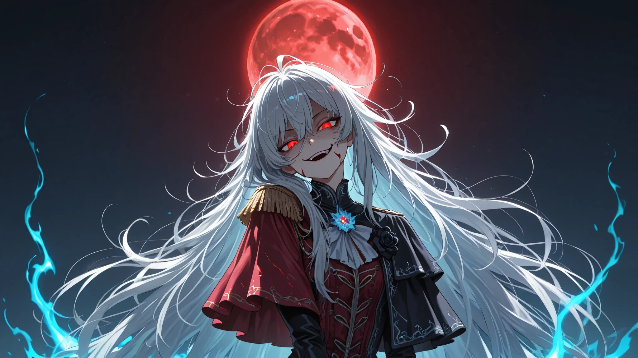 (upper body shot, close up shot, solo:1.7), bailing_magic_circle,magic circle,magic array, detailxl, Anime illustration, detailed anime artstyle, cinematic, volumetric lighting, clear sky, evening, cold light, colorful, light reflection, (head tilt, looking over her shoulder, teasing, lidded eyes, sultry, (standing, dynamic pose:1.1):1.5), glaring at viewer, side eye, fotoshoot, model, (1girl:0.98), young, adolescent, detailed skin, extremely detailed eyes, dynamic pose, crimson eyes, glowing eyes, (very long hair, messy hair, wild hair, hair in front of eye:1.2), flower brooch in her hair, auralora cosmic flowers, aura flowers, crazy eyes, soft smirk, black flower, blue glow, blue aura, moon, lunar power, open mouth, (white hair, gray hair, shining hair:1.3), walking, crazy smile, crazy laugh, (tsurime:1.3), (white ornate french dress:1.1), asymmetrical epaulette, capelet, ornate dress, carapace armour, black trimming, black highlights, (reaper, demonic clothes:1.1), (casting blood magic, blood mage:1.2), red moon,