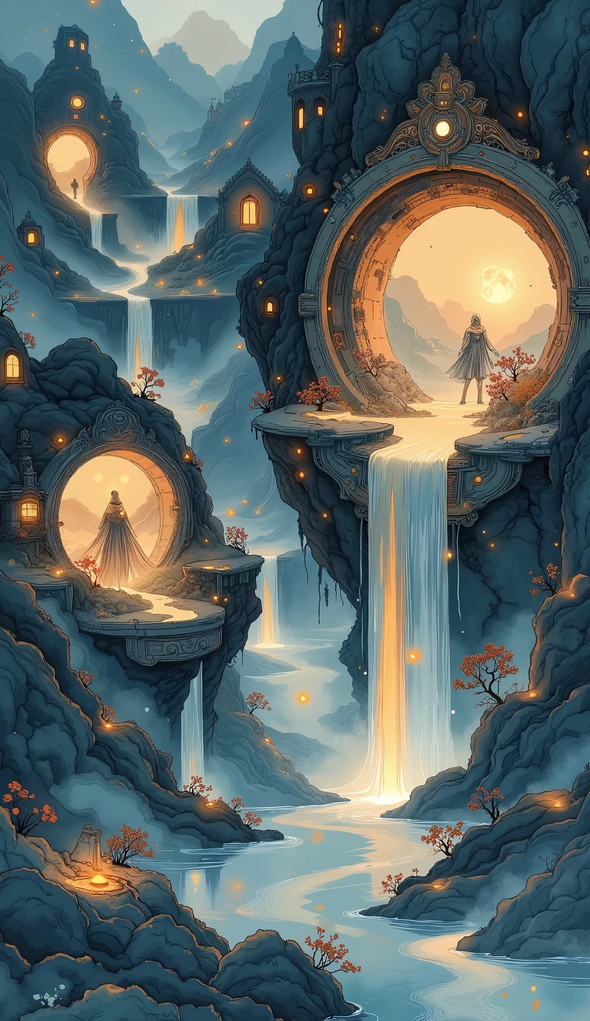 Transparent Ink Painting-Style Portals,Dark Background, Soft Light ,Glittering Gold Foils,Mysterious Atmosphere,Delicate brushwork,Hi-Res, 4K quality ,realistic texture,Precise Details ,Professional,Dramatic Bokeh Effects,Vivid Colors,Deep color