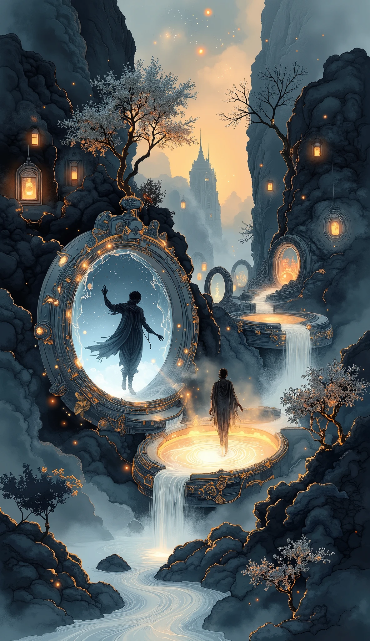 Transparent Ink Painting-Style Portals,Dark Background, Soft Light ,Glittering Gold Foils,Mysterious Atmosphere,Delicate brushwork,Hi-Res, 4K quality ,realistic texture,Precise Details ,Professional,Dramatic Bokeh Effects,Vivid Colors,Deep color