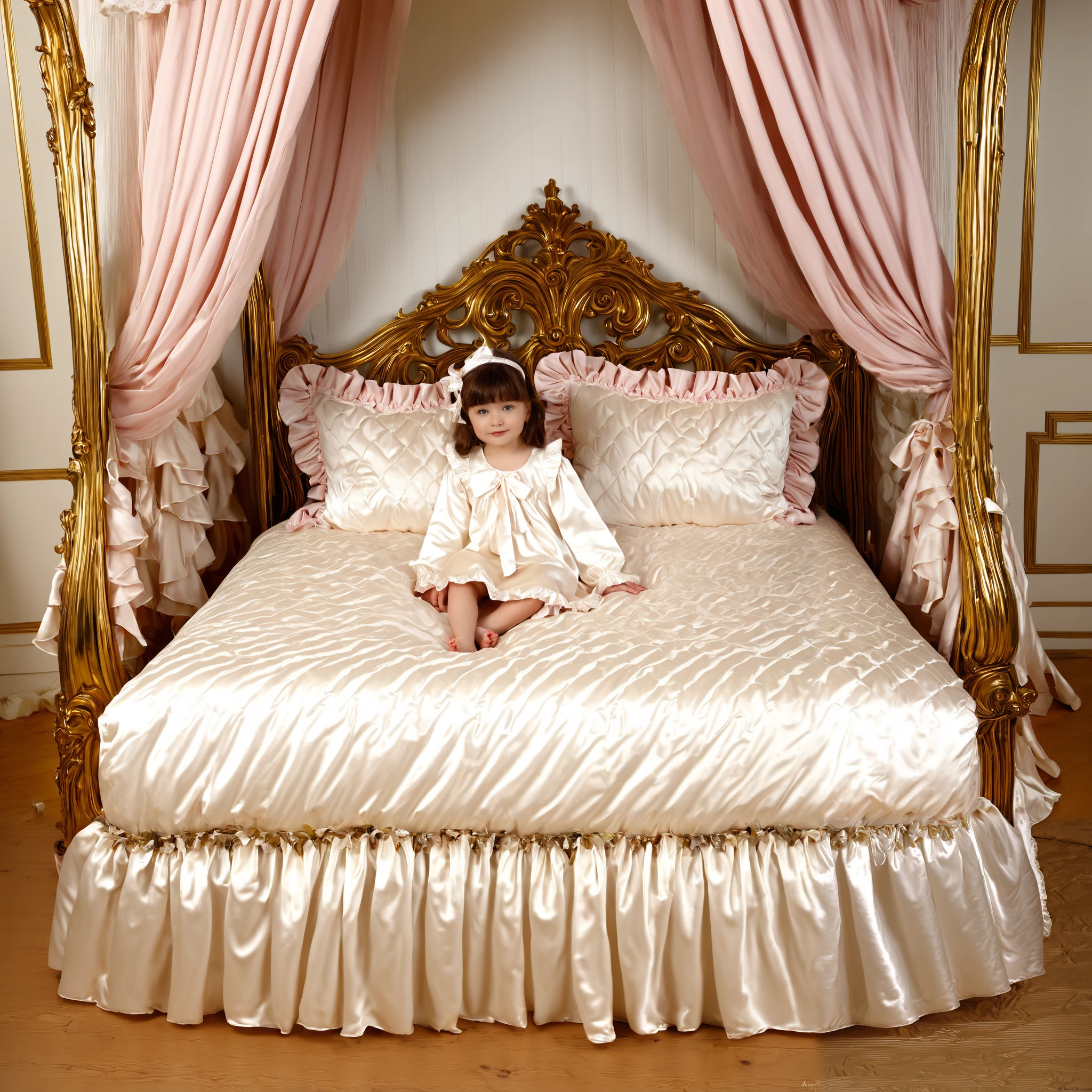 A young girl on the bed,(((short body height:1.2))),(((early age girl:1.2)))),(((cute baby face:1.1))),white plump quilted silk satin nightgown with frills and ribbons,long skirt,long sleeves,frilled sleeves,a bed with a mountain of silk satin pillows,(((luxurious rococo canopy bed:1.0))),(((king size bed))),((more big bed)),((lot of frilled pillows)),more pillows, A plump qulited silk satin devet,ruffles lace silk.retro white pipe bed frame, A large silk satin ruffled duvet covers the entire bed, 