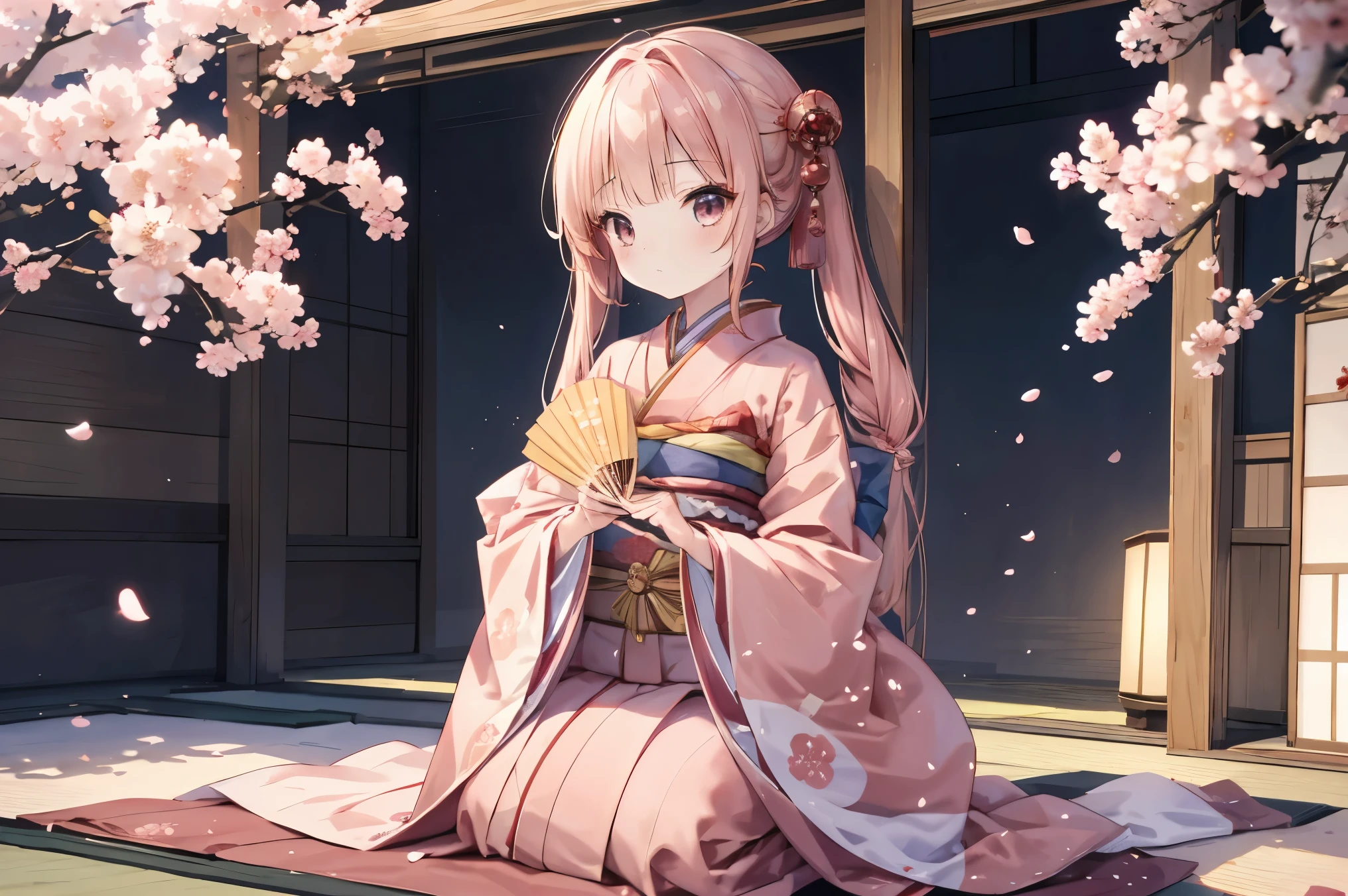 young girl dressed in a traditional Japanese hina doll cosplay, celebrating Hinamatsuri on March 3rd. She wears a beautiful multi-layered kimono in pastel pink and red with intricate golden patterns, resembling an elegant Empress. Her hair is styled in a classic Japanese updo, adorned with delicate floral hairpins and a golden crown. She holds a small folding fan in her hands, standing gracefully in front of a Hinamatsuri display with tiered platforms of ornamental dolls. The background features soft paper lanterns and cherry blossom petals floating in the air, creating a warm and festive atmosphere. The scene is illuminated by gentle candlelight, emphasizing a dreamy and traditional Japanese aesthetic