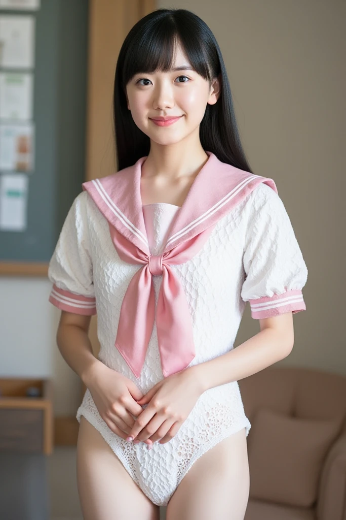 ((highest quality、8k、masterpiece:1.3)),((((cowboy shot)))),Ultra-high resolution,big eyes,Japanese,bangs,(a girl),(1 girl),((20 years old)),((facing at viewer)),(long hair),(((black sailor uniform))),((sitting on chair)),grin,(pleated mini skirt),((white floral panty)),((skirt lift))