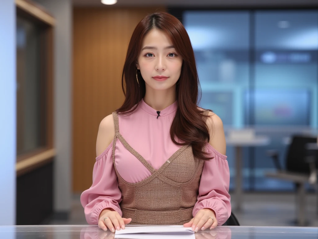 ((Top quality , 8k)), ((angle from front, announcer, News program MC