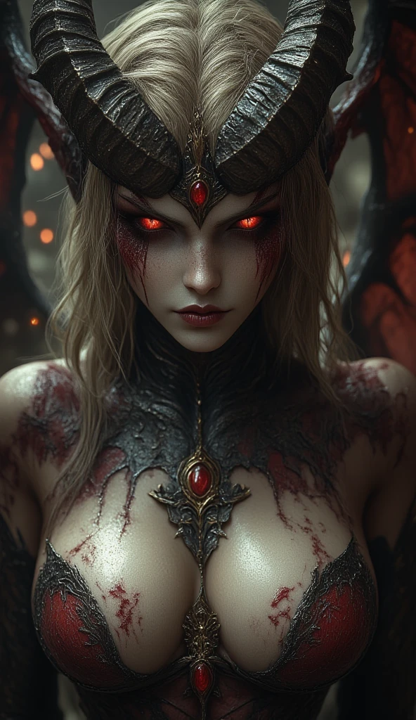 Realistic Beautyfull evil demonic sexy demented devil women,beautiful seductive facial expression,gorgeous facial features, highly detailed red skin, large curled devil horns, think curved jet black eyebrows, long luscious eyelashes, thick black eyeliner, jet black eye shadow, thick jet black lipstick,large hyper realistic detailed red eye, thin detailed little nose, high cheek bones, Cleft chin, small areolas, small perky darkred nipples,  large voluptuous curved breasts, elegant figure, seductive hips, demonic devil outfit, large detailed demon wings,