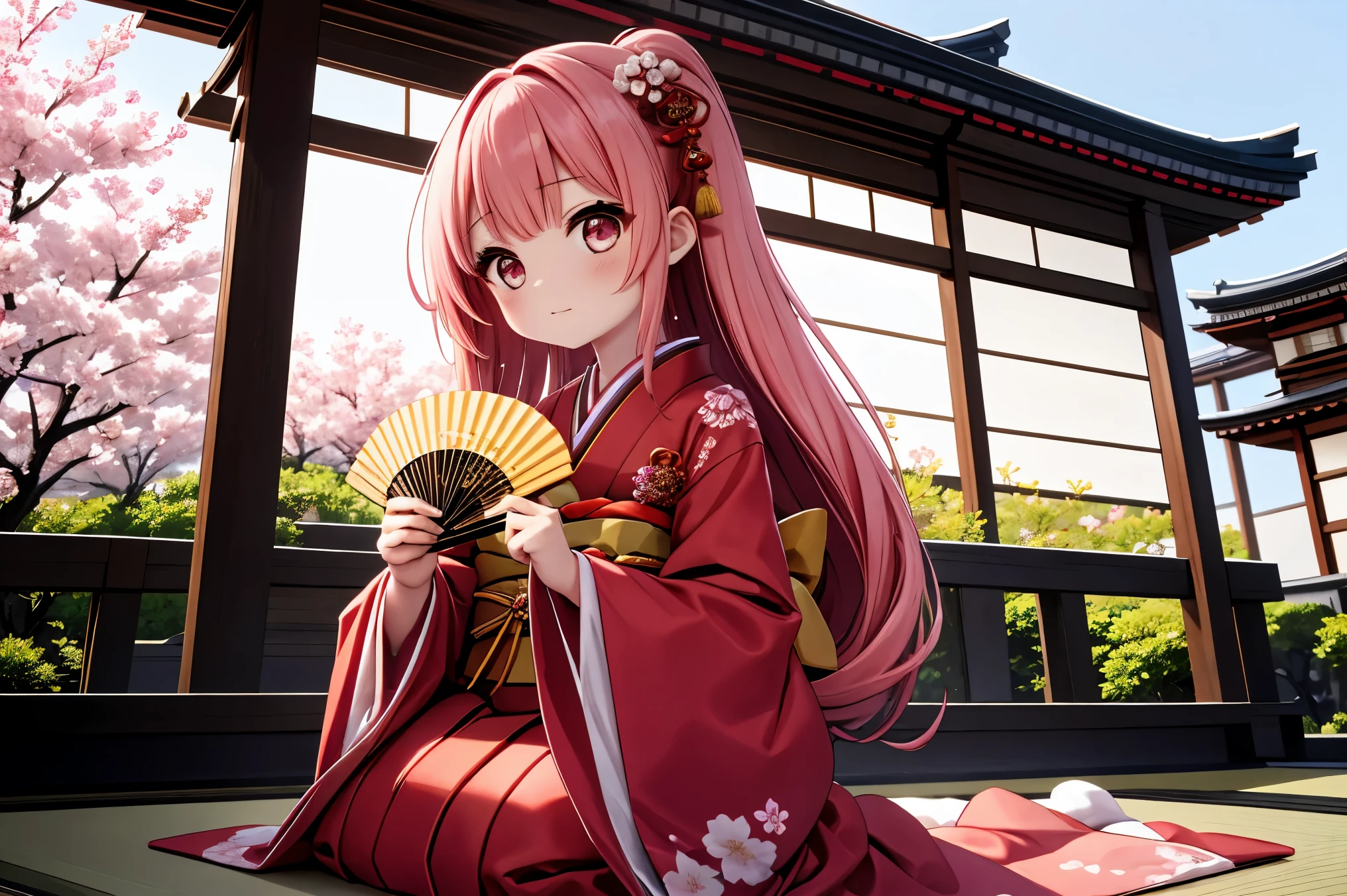 young girl dressed in a traditional Japanese hina doll cosplay, celebrating Hinamatsuri on March 3rd. She wears a beautiful multi-layered kimono in pastel pink and red with intricate golden patterns, resembling an elegant Empress. Her hair is styled in a classic Japanese updo, adorned with delicate floral hairpins and a golden crown. She holds a small folding fan in her hands, standing gracefully in front of a Hinamatsuri display with tiered platforms of ornamental dolls. The background features soft paper lanterns and cherry blossom petals floating in the air, creating a warm and festive atmosphere. The scene is illuminated by gentle candlelight, emphasizing a dreamy and traditional Japanese aesthetic