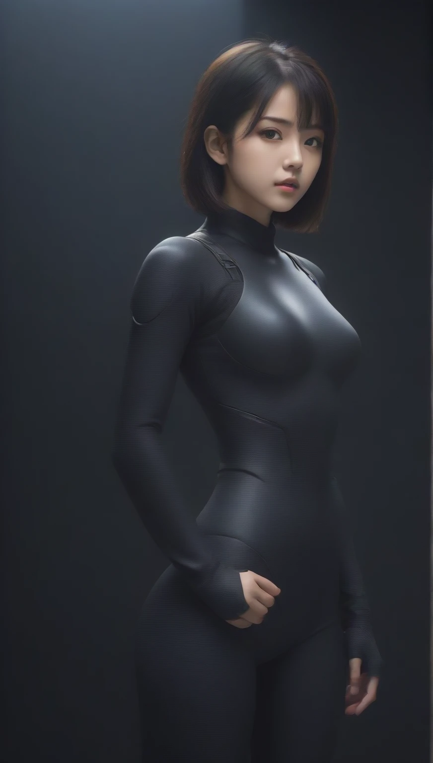 epic realistic,8K,masterpiece, highest quality, Very detailed, (Japanese Girls),(Young Face:1.5),(Surrealism),(black fullbodyスーツ:1.3),8K,masterpiece, Highest quality, Very detailed,((black long sleeve leotard:1.4)),Large Breasts、short hair,bangs、
((Costumes are single-colored only:black)) ,Bodyline,
Super tight costume,(Turn your back to the viewer:1.2)、
(Highest quality:1.3),
RAW Photos, (light beige pantyhose:1.2),
High resolution,
Perfect detail,
Professional photography,
Professional Lighting,
Powerful lighting for costumes,attractive whole body image、Cinema Lighting、Ray Tracing、Wearing riding boots、Wear a tight-fitting bodysuit、Simple Background、15 year old female、Spandex Bodysuit、whole body、Spandex Costume,Clothes with a shiny texture,whole body:1.1,(Simple Background:1.2)、(Messy Hair)