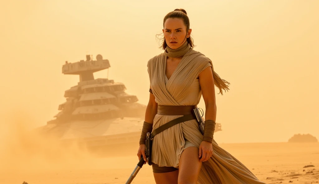 (Daisy Ridley as Star Wars Ray, patch over one eye, bloody beaten and battered, bandaging her wounds and crying, patch over one eye), desert world