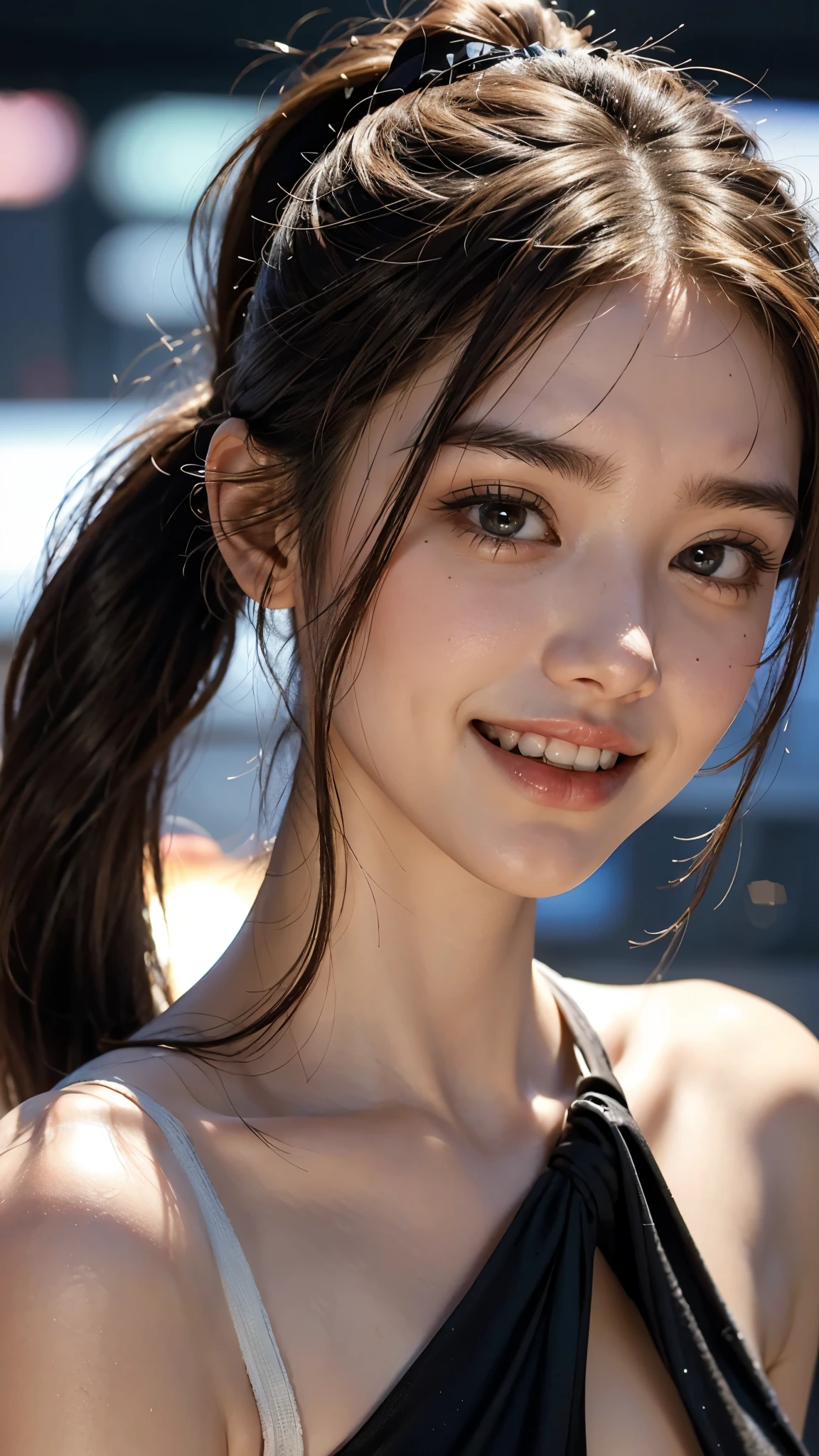 highest quality, masterpiece, Ultra-high resolution,(((Face Focus:1.6))) (Realistic:1.6), (Portrait of a man kneeling with legs apart) RAW Photos, 1 girl, 20-year-old,((Mini skirt high)),((Ponytail and hair tie)),,((Looking up at the audience)),Realistic,((background)), Image Media Chest)),((Smiling with teeth showing)),