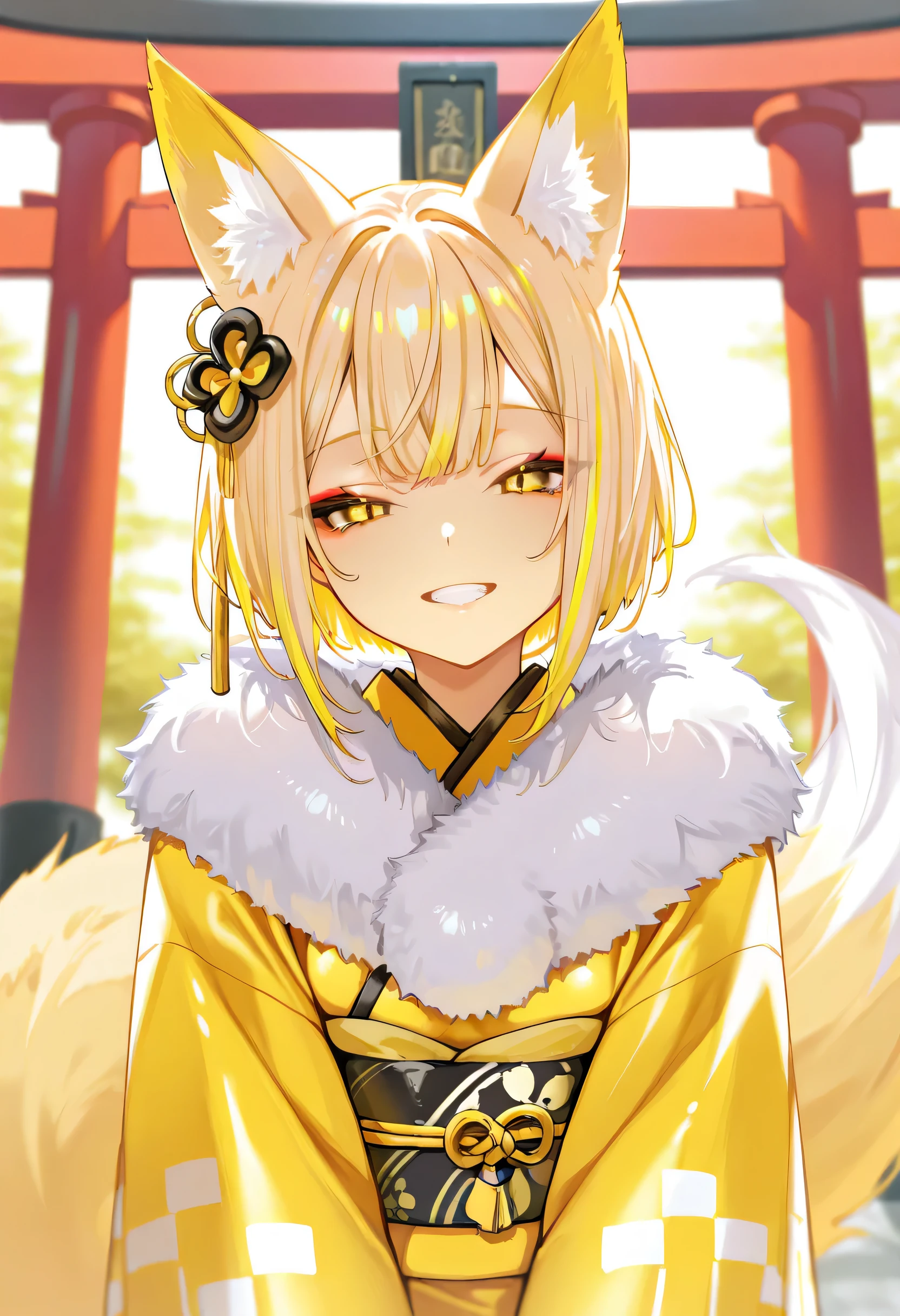 aruhshura, detailed eyes, 1girl, tail, animal ears, blonde hair, fox tail, fox ears, solo, fur trim, yellow eyes, bangs, shiny hair, kimono, hair ornament, shiny, multicolored hair, long sleeves, short hair, teeth, parted lips, wide sleeves, grin, upper body, torii