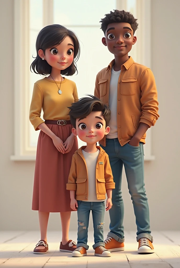 pixar style image of family; hombre con y White shoes, short brown hair,30 year old woman white skin long brown hair, with jins and blouse, White shoes. teenage girl with long brown hair,jins y White shoes y niño 3 años pelo corto, castaño con jins y White shoes, all together
