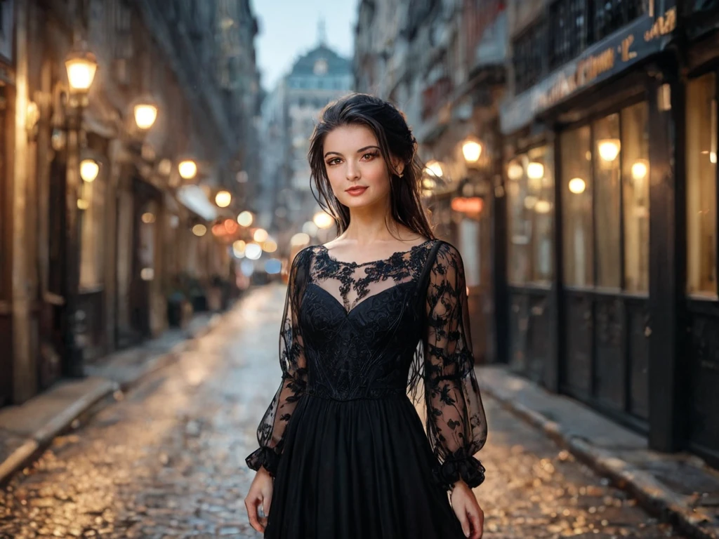 (sharp focus:1.2), photo, attractive young KariSweets , (beautiful face:1.1), detailed eyes, luscious lips, (cat eye makeup:0.85), (smile:1.2), wearing (dress:1.2) on a (night street:1.2). (moody lighting:1.2), depth of field, bokeh, 4K, HDR. by (James C. Christensen:1.2|Jeremy Lipking:1.1).