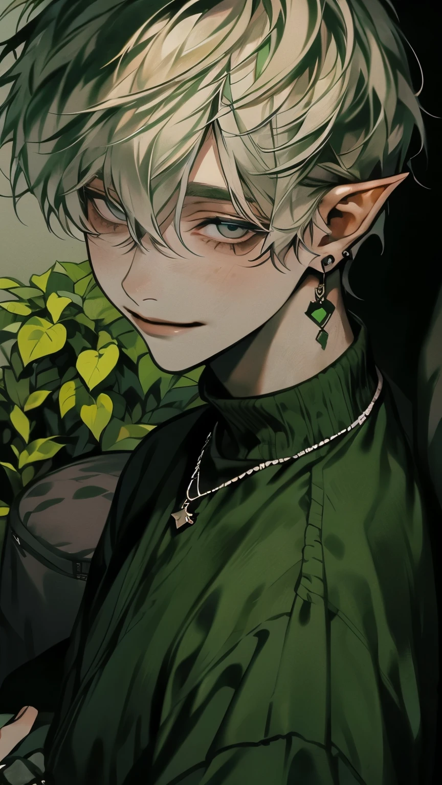 masterpiece , Top Quality, one person, short white hair,Elf Boy, ager ,light purple eyes,Looking at you (Lenses),Green plants,Suitcase 。Indoor,Fabric simple style sofa。Roomy modern casual wear,连帽衫,sweater,gentle expression,Smile , necklace,Not aggressive,Warm light, sunshine
