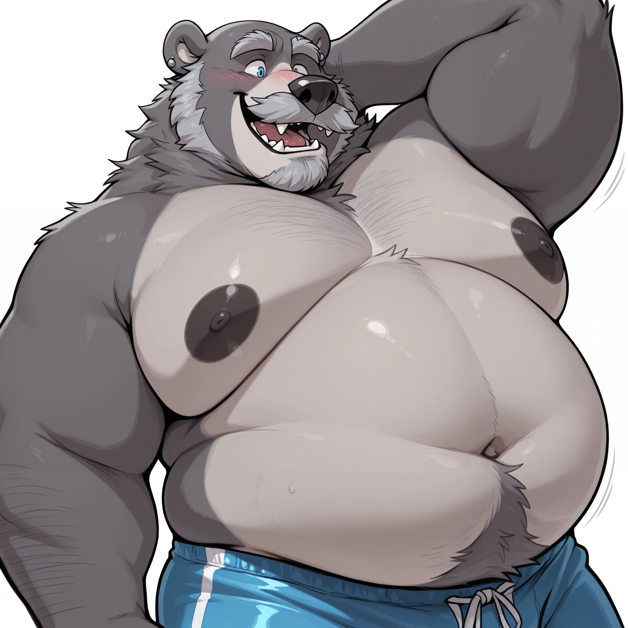 Chubby, furry,male, anthro bear, very plump, middle aged, Thick beard, seductive, hand behind head, detailed , half body, tight tank top, extremely hot and sexy, by hyaku, by darkgem, by glitter trap boy,looking at you, drenched in sweat, very hairy armpits, Looking at viewer, Bear Ears, Saliva, Fangs, Clenched Teeth, Drooling, Heavy Breathing, Serious, Furrowed Brow, Saliva Trail, From Below, Feet Out Of Frame, more sweat, steam coming from armpits