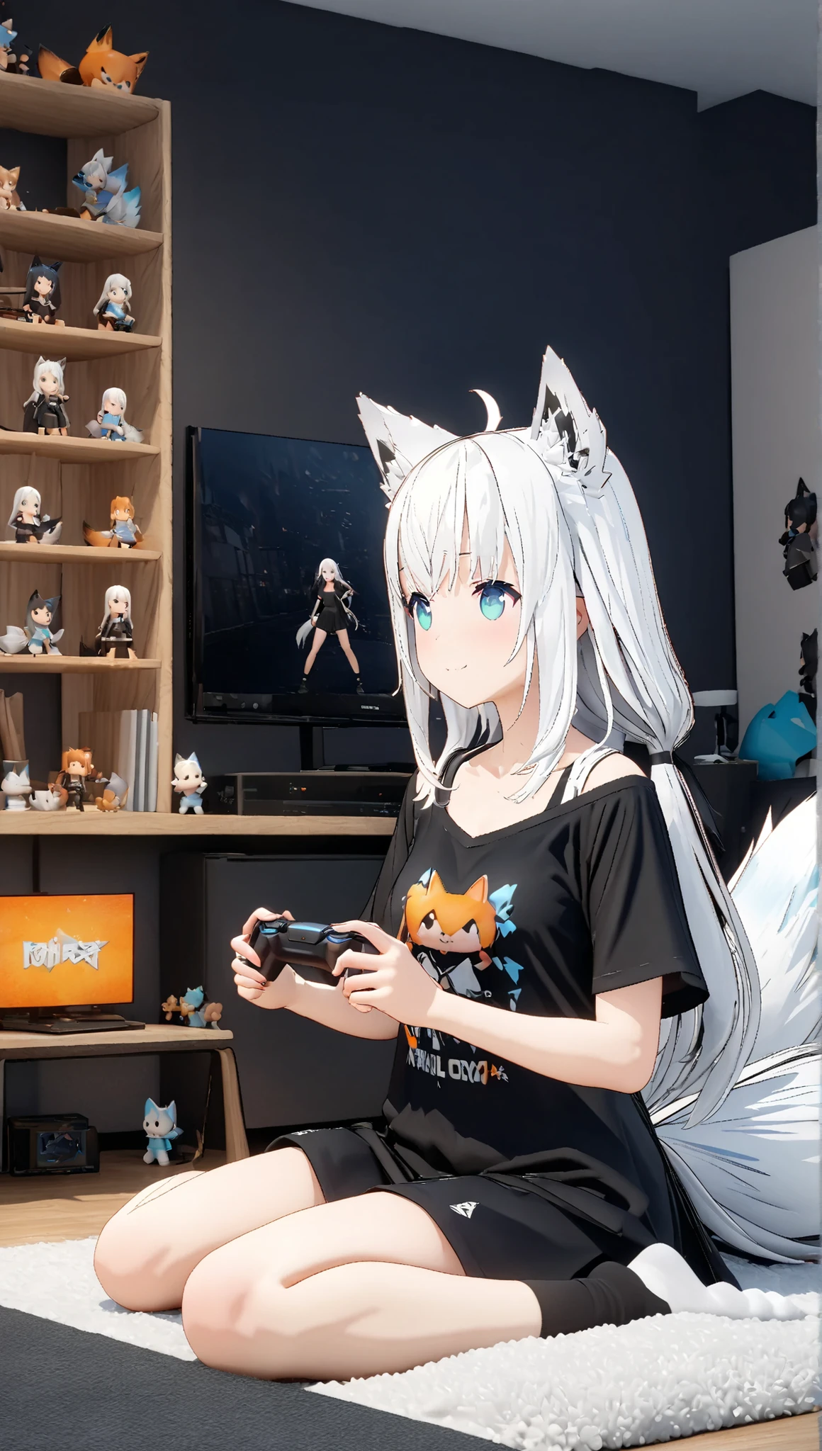 (masterpiece:1.2), ( Top Quality:1.2), Ultra High Resolution, very well detailed, Fubuki_heyagi,tail, 1girl ,,Alone,fox tail,shirt,white hair,long hair,black shirt,black headwear,socks,bangs,t-shirt,black socks,collarbone, 3D Style, 3D Figures, full body,  3d rendering  ,  OC rendering , 8k,  playing video games , fun,  wariza,  cute room,  from side