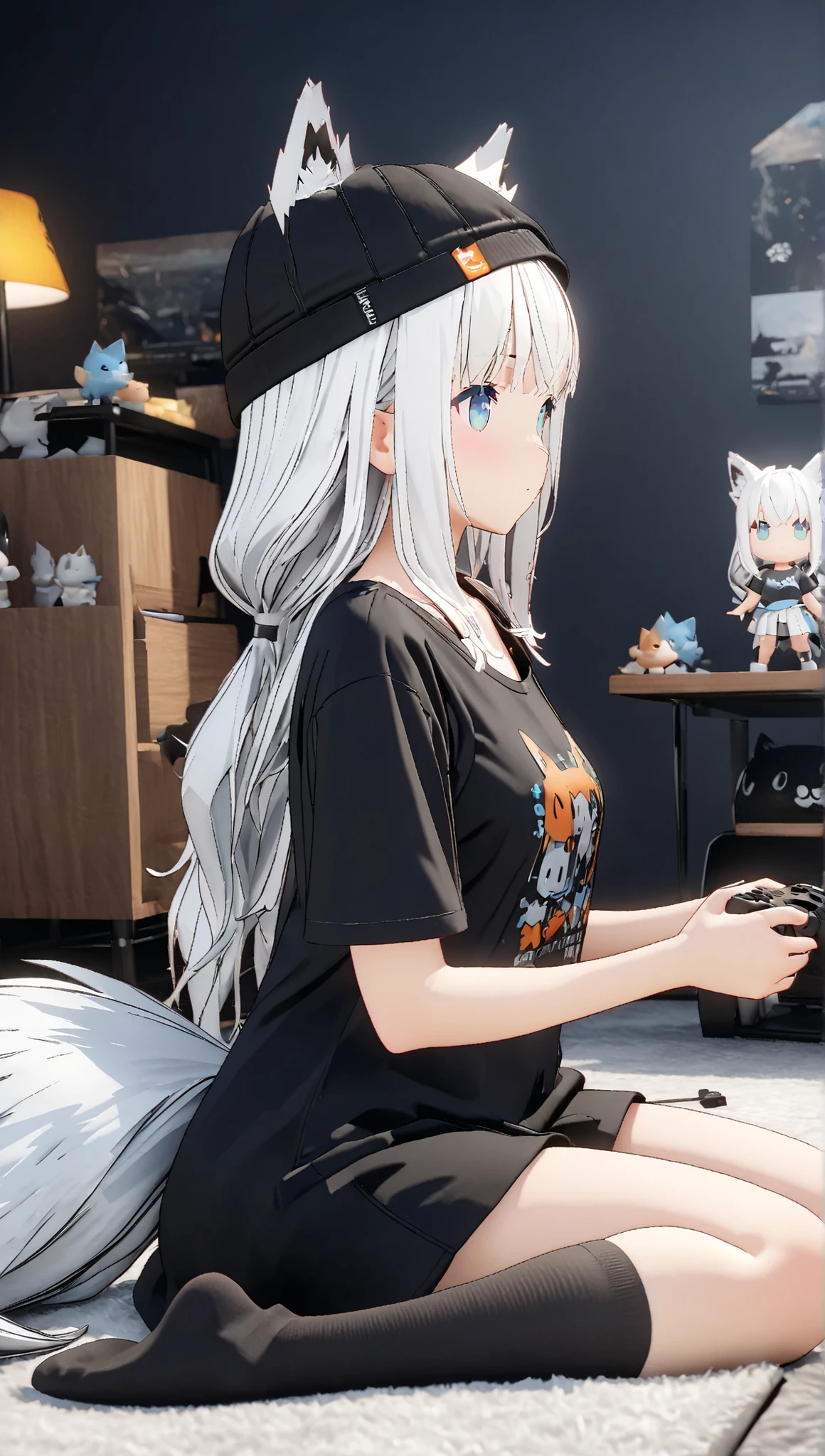 (masterpiece:1.2), ( Top Quality:1.2), Ultra High Resolution, very well detailed, Fubuki_heyagi,tail, 1girl ,,Alone,fox tail,shirt,white hair,long hair,black shirt,black headwear,socks,bangs,t-shirt,black socks,collarbone, 3D Style, 3D Figures, full body,  3d rendering  ,  OC rendering , 8k,  playing video games , fun,  wariza,  cute room,  from side