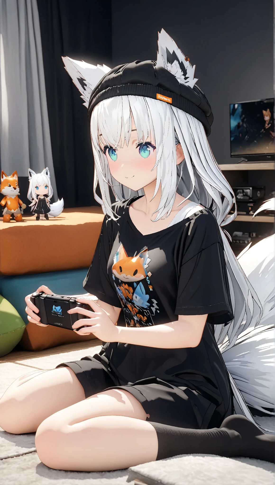 (masterpiece:1.2), ( Top Quality:1.2), Ultra High Resolution, very well detailed, Fubuki_heyagi,tail, 1girl ,,Alone,fox tail,shirt,white hair,long hair,black shirt,black headwear,socks,bangs,t-shirt,black socks,collarbone, 3D Style, 3D Figures, full body, 3d rendering , OC rendering , 8k, playing video games , fun, wariza, cute room, from side