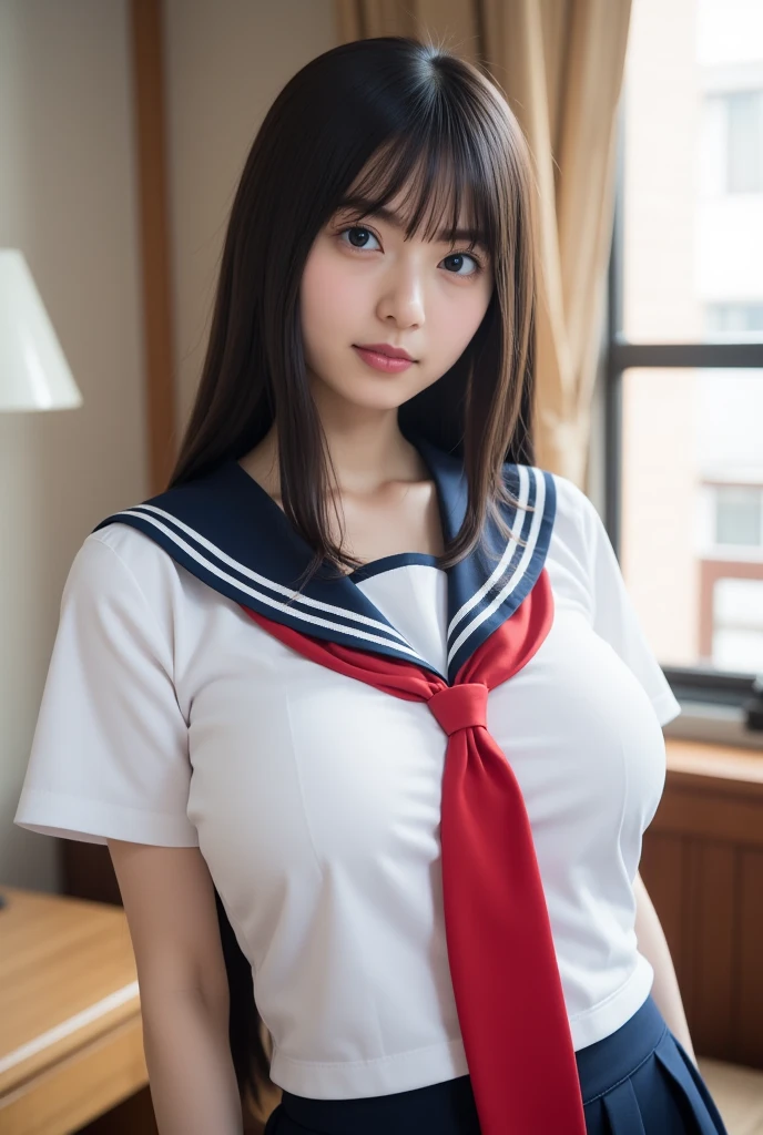 (((close-up of face:1.1))), ((1girl, solo)), (()), (((big breast:1.8))), ((bangs)), ((beautiful anime eyes with fine detail)), (seductive smile:1.3), open mouth,  She's in heat, realistic skin, ((((sailor suit)))), nsfw, ((see through)), onsen, (steam:1.3), open air bath, japanese hot spring,Mt.Fuji