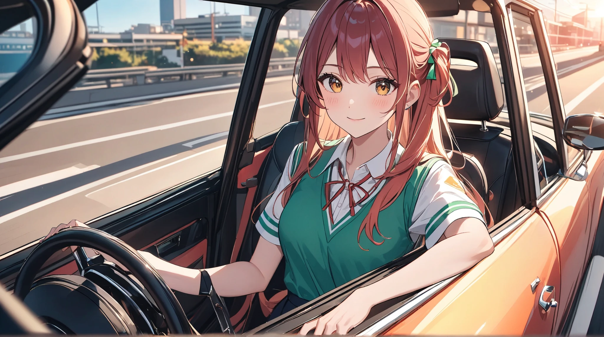 Japanese downtown in the 1970s、Crimson sunset sky、Japanese high school girl driving in the driver's seat of a green convertible、 behind the wheel 、I drive a convertible car at high speed and run on the highway、Front Front View Shot、The color of the hair is orange、is a twin tail hairstyle、green headphones must be worn on her ears、 wearing a Japanese high school girl uniform、、The color of the uniform is red、female high school students look ahead and smile、