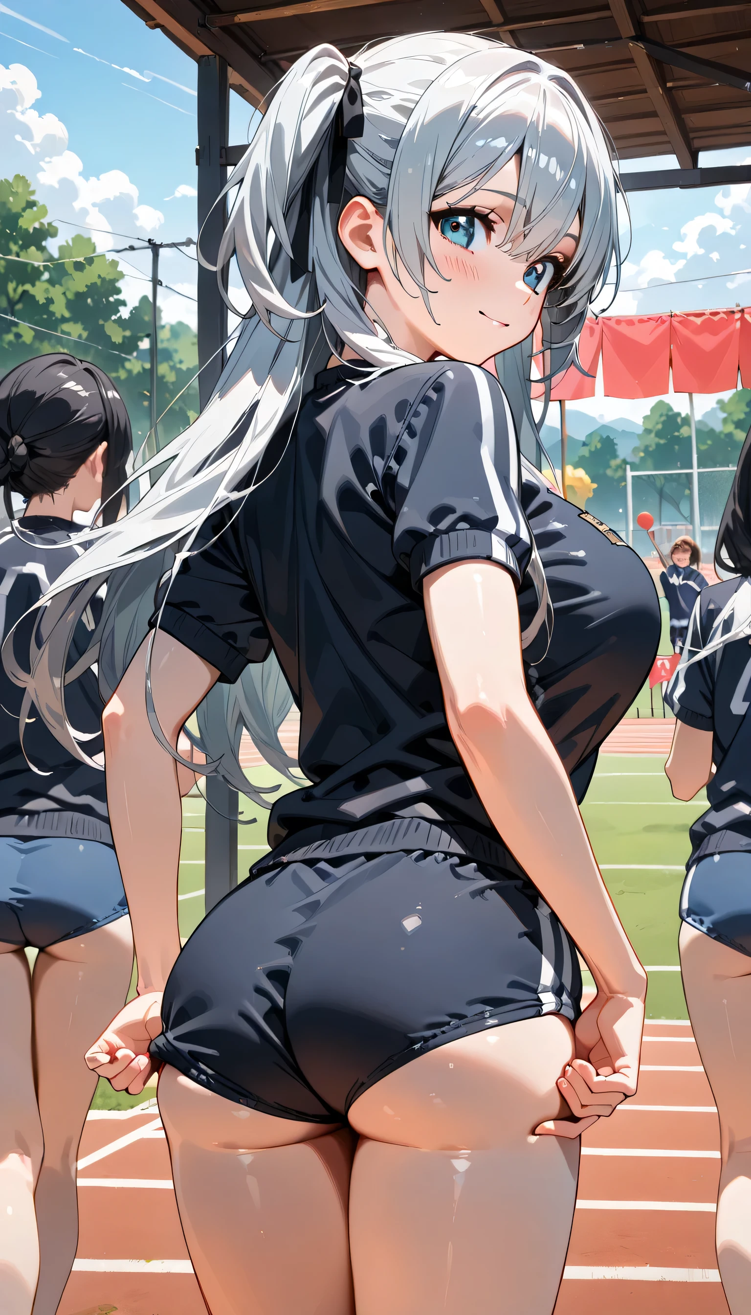 ((ultra-detailed)), (highly detailed CG illustration), (best quality:1.2), ultra-highly detailed, colorful composition, artistic photoshoot, 1girl, solo focus, ((thigh to top:1.4)), ((cowboy shot:1.4)), moe anime character, age girl, dainty facial structure, (baby face), (round face), ((rounded chin:1.2)), ((ideal ratio body proportions)), celia-default, celia claire, (blue eyes), sparkle eyes, silver hair color, two side up, (hair ribbon with red), ample breasts, (navy blue school gym buruma), ((smile:1.4)), ((blush:1.4)), ((standing on the school Athletic Festival:1.4)), ((from behind:1.4)), adjusting the fabric to fix its position:1.2, slightly pulling it to cover more, folds in the fabric, natural hand movement, dynamic pose, contrapposto pose, best quality, expecting, pink cheek, blush, light pink gloss slip, portrait, depth of field, soft lighting, sidelighting, (shine), lighting, caustics, ray tracing, perfect face, lustrous skin, highly detailed face, highly detailed eyes, perfect face, perfect nose, perfect hair, perfect eyes, perfect anatomy, beautiful hair, beautiful small face, extremely detailed face, beautiful detailed eyes, beautiful clavicle, beautiful body, beautiful huge breasts, leavage, breasts squeezed together, equalize the size of the left and right breasts, beautiful thin thighs, beautiful legs, beautiful fingers, ((4 fingers)), 1 thumb, lovely, (very detailed background:1.0), (highly detailed background:1.0), summer aesthetic, intricate details, shy atmosphere, summer colors palette, chromatic aberration
