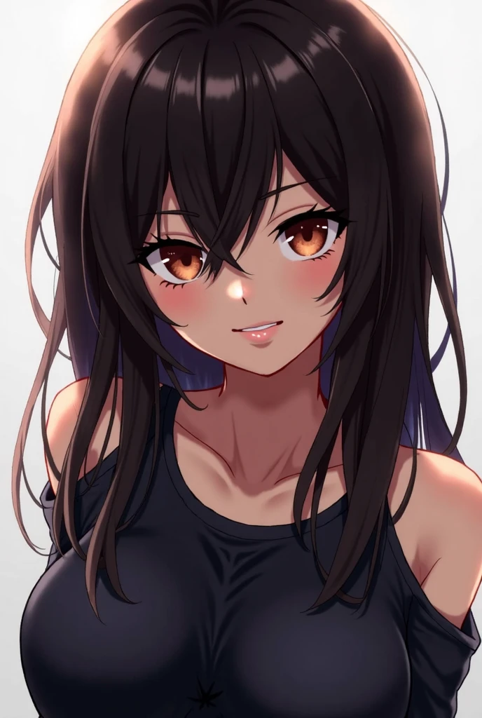 rating:safe, 1girl, solo, long_hair, green_eyes, smile, hair_between_eyes, closed_mouth, collarbone, portrait, bare_shoulders, shirt, bangs, brown_hair, simple_background, looking_at_viewer, blush, sleeveless, upper_body, tank_top, black_hair, sidelocks