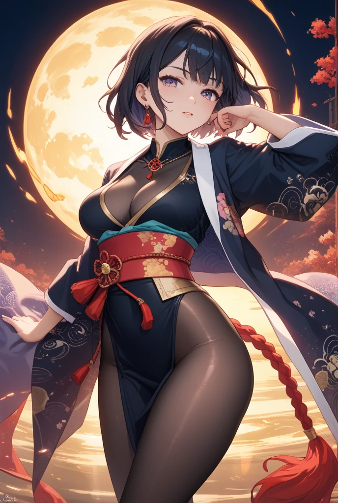 young girl , short silver bob hair, hair flower, sharp bangs between the eyes, yellow  eyes, eyes large, confident looking. ((traditional chinese imperial clothes black with gold details,)) ((red skirt)) black thigh high socks. empowered pose, confident pose, chin up. (medium breasts,) fi, ((slenderbody,)). point of view from above, view from side, side point of view, on the street of a Japanese city, at night, with full moon in the background, light reflecting on the sexy and sweaty bod(((sweat)))