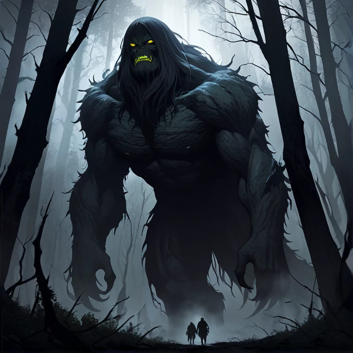 morbid gigantic creature meeting a human in a dark magical forest, Zdzisław Beksiński style art