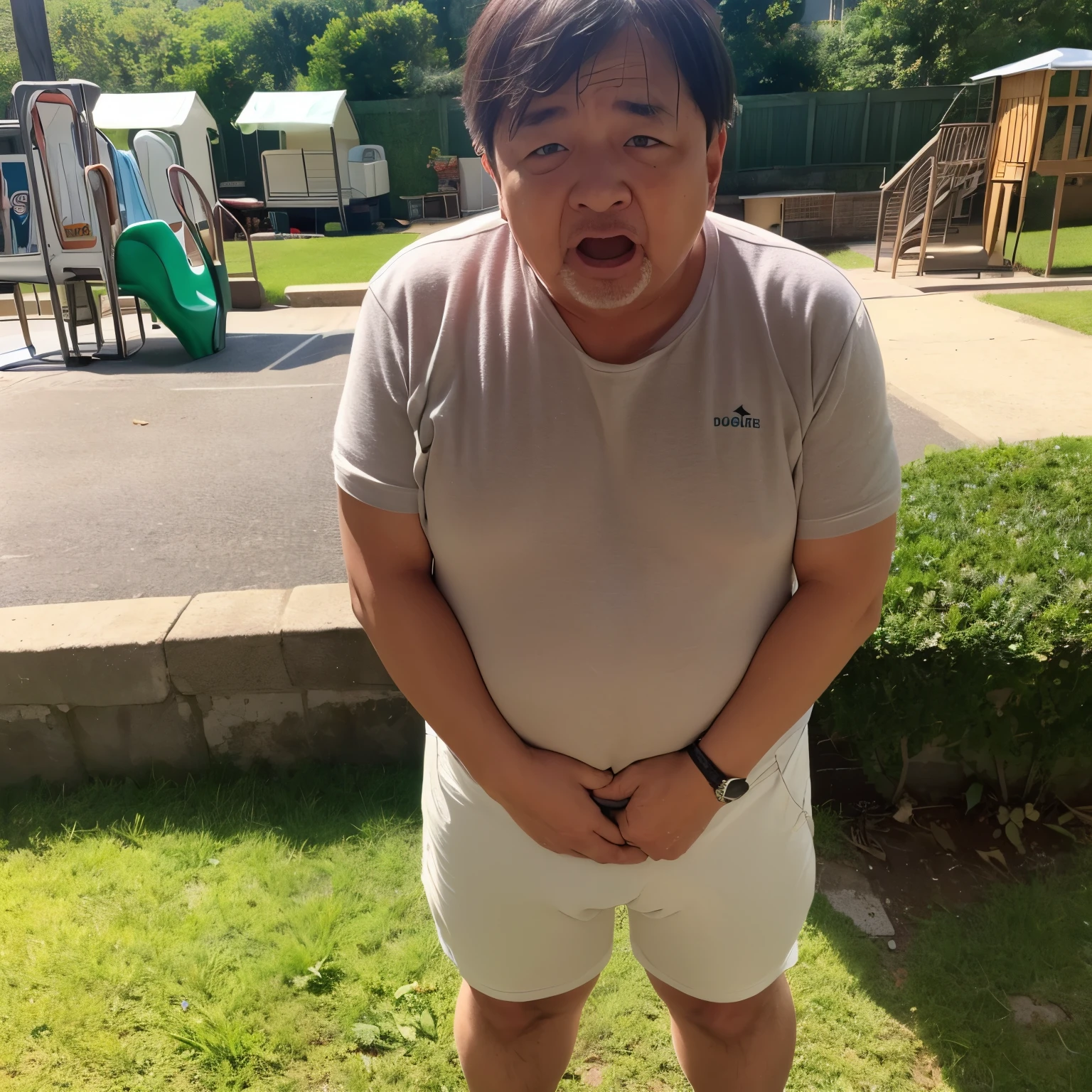 Thick Japan middle-aged man in his 50s, 1man, retarded, Dwarfism, He wears a Pampers, shirtless, ((peeing self, wetting self, pee stains,)), ((trembling, fear expression, scared, looking at viewer)), kindergarten background, It's a sunny day, Incontinence, He stand and cried in playground, Full body, a picture, 8k, high detail photo, Masterpiece