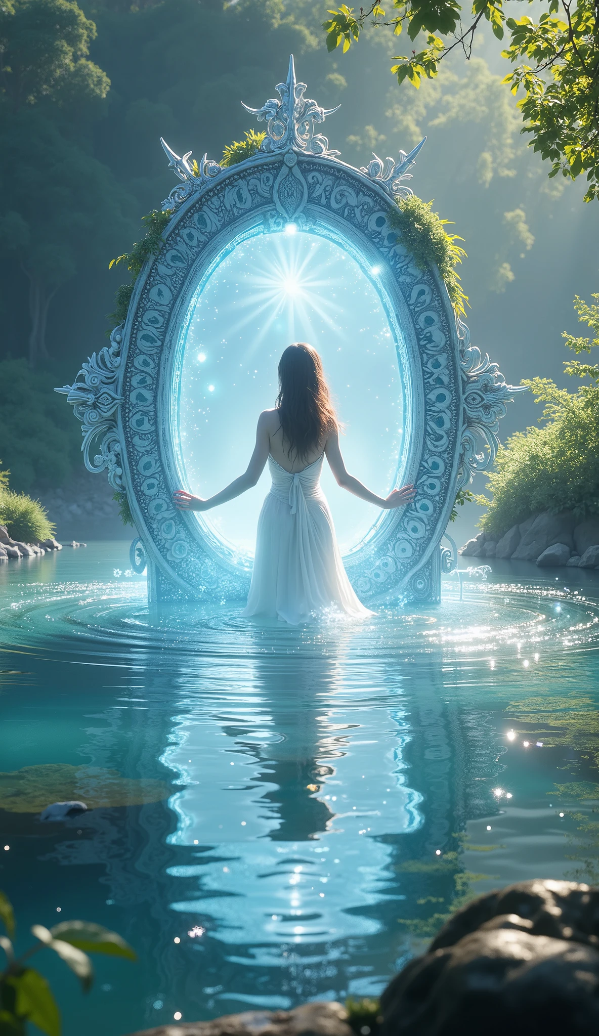 Greatest Masterpiece、Top Quality、8k, A glowing portal appears on a tranquil lake, and a beauty emerges from the portal.