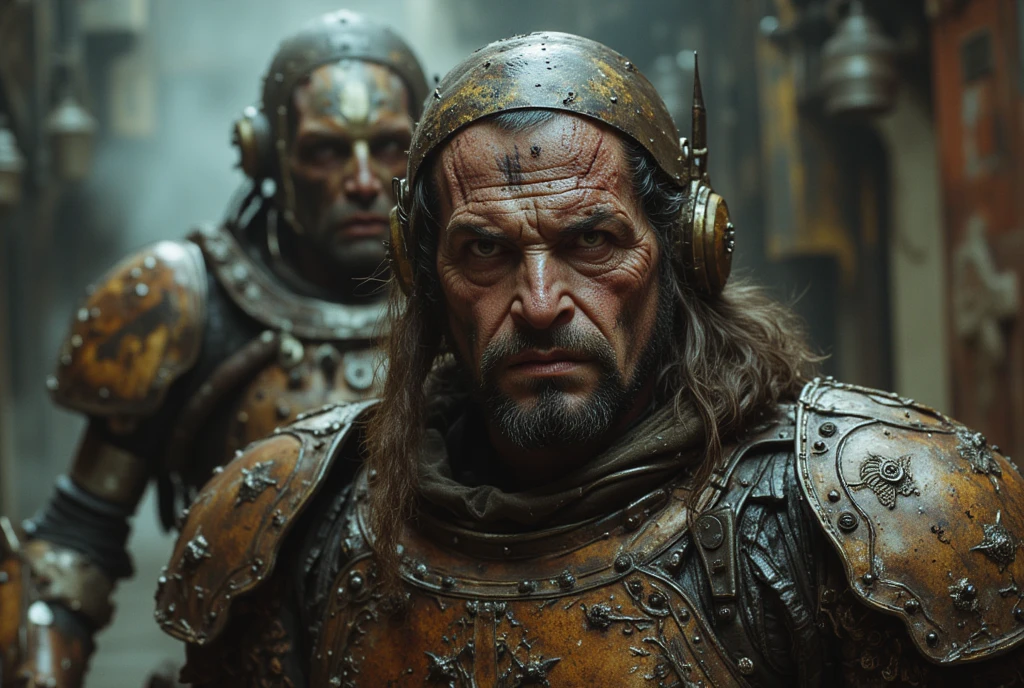 There are three men dressed in armor and helmets standing in the rain, Stefan Gesell, a character based on a haggis, still from the movie Dune-2021, Plaid Costume, Netflix series Death + Robots, Corrected Faces, Miners, closeup of character art, Breastplate