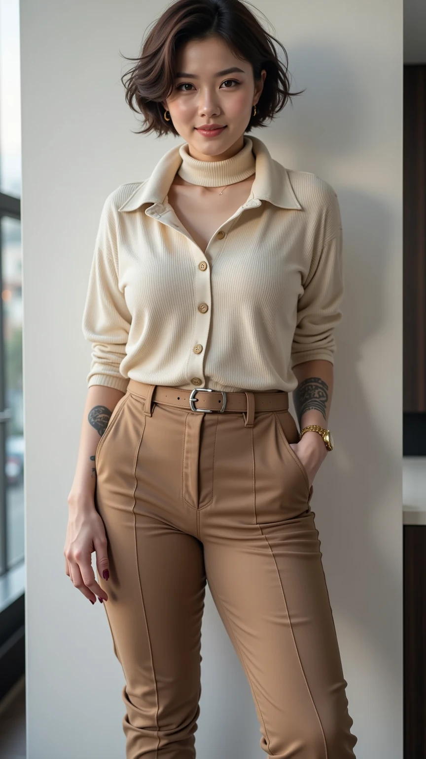 Beautiful Japanese female bodybuilder、Beige pantsuit、Saxe blue blouse、chocolate brown pumps